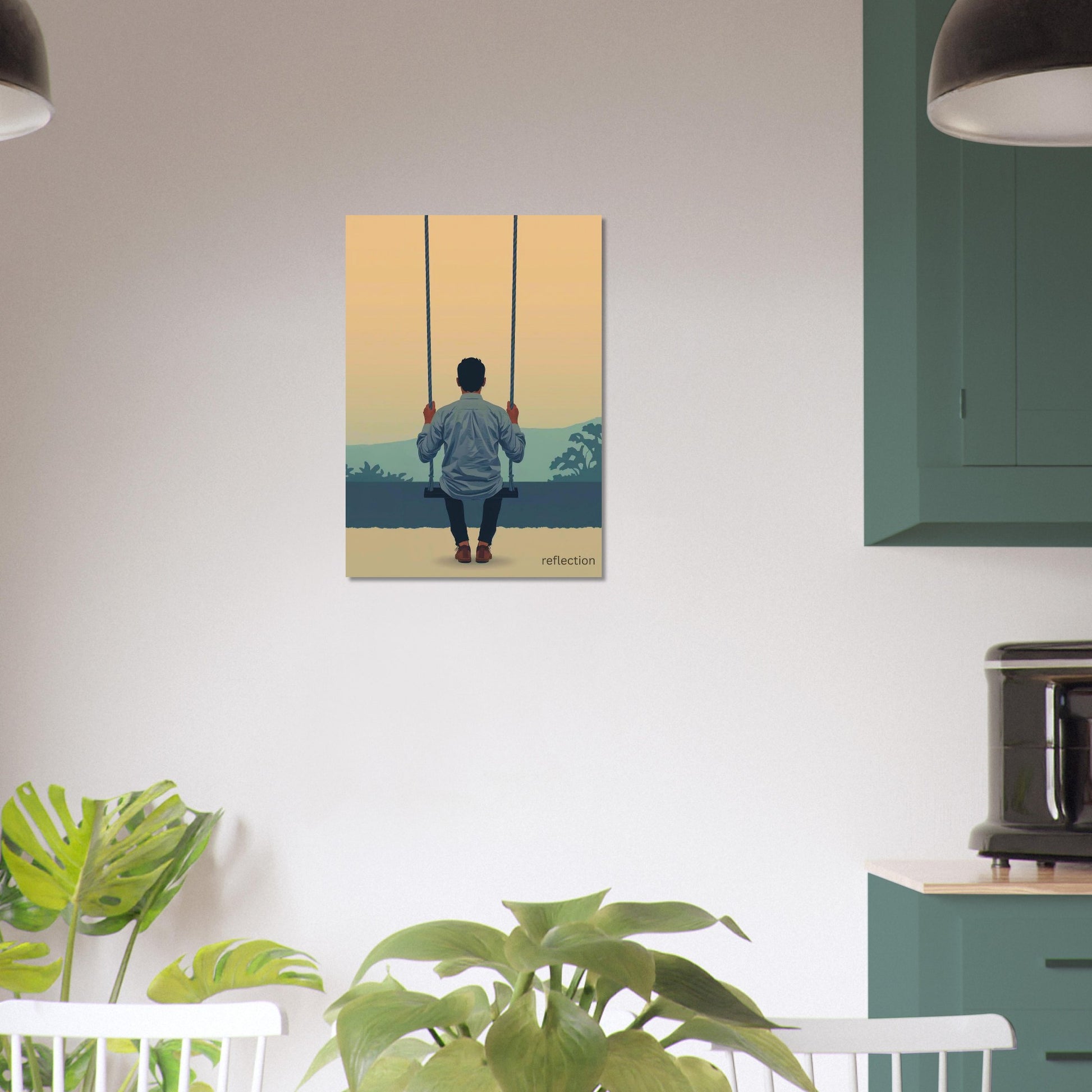 Canvas print of a man on a swing hanging on a wall in a room with plants and furniture.