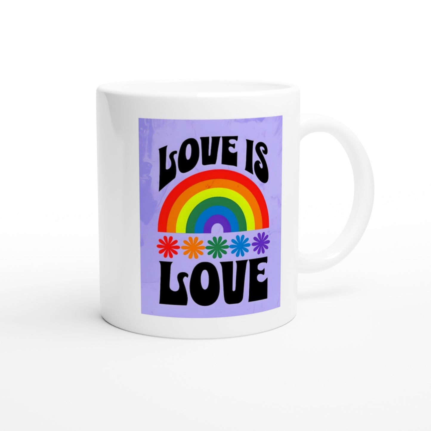 White mug with a rainbow and 'Love is Love' text on a purple background