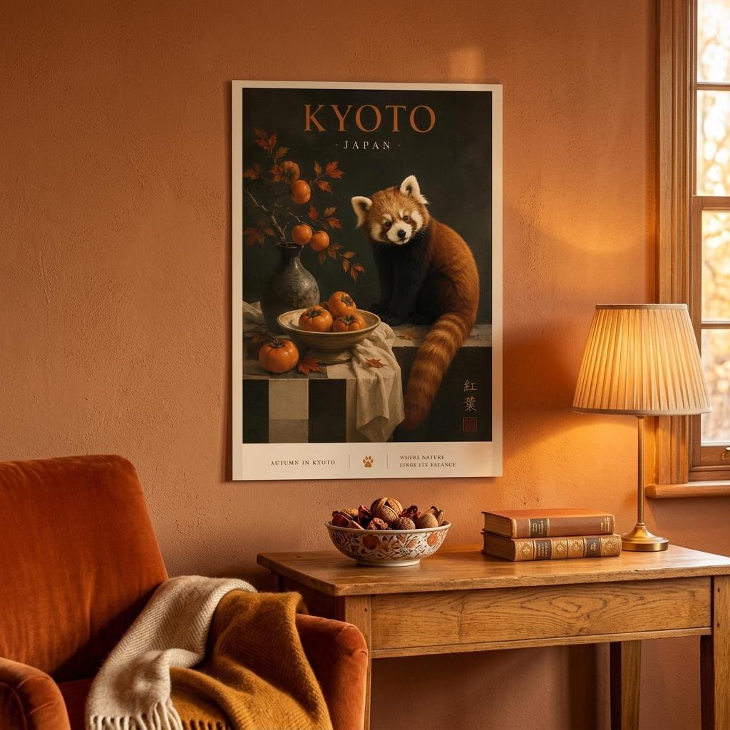 Living room with a poster of a red panda in Kyoto, Japan, on a wall above a wooden table.