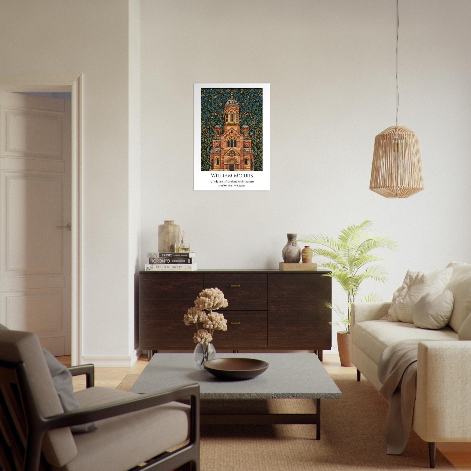 Living room with a framed William Morris artwork on the wall, wooden cabinet, and beige sofa.