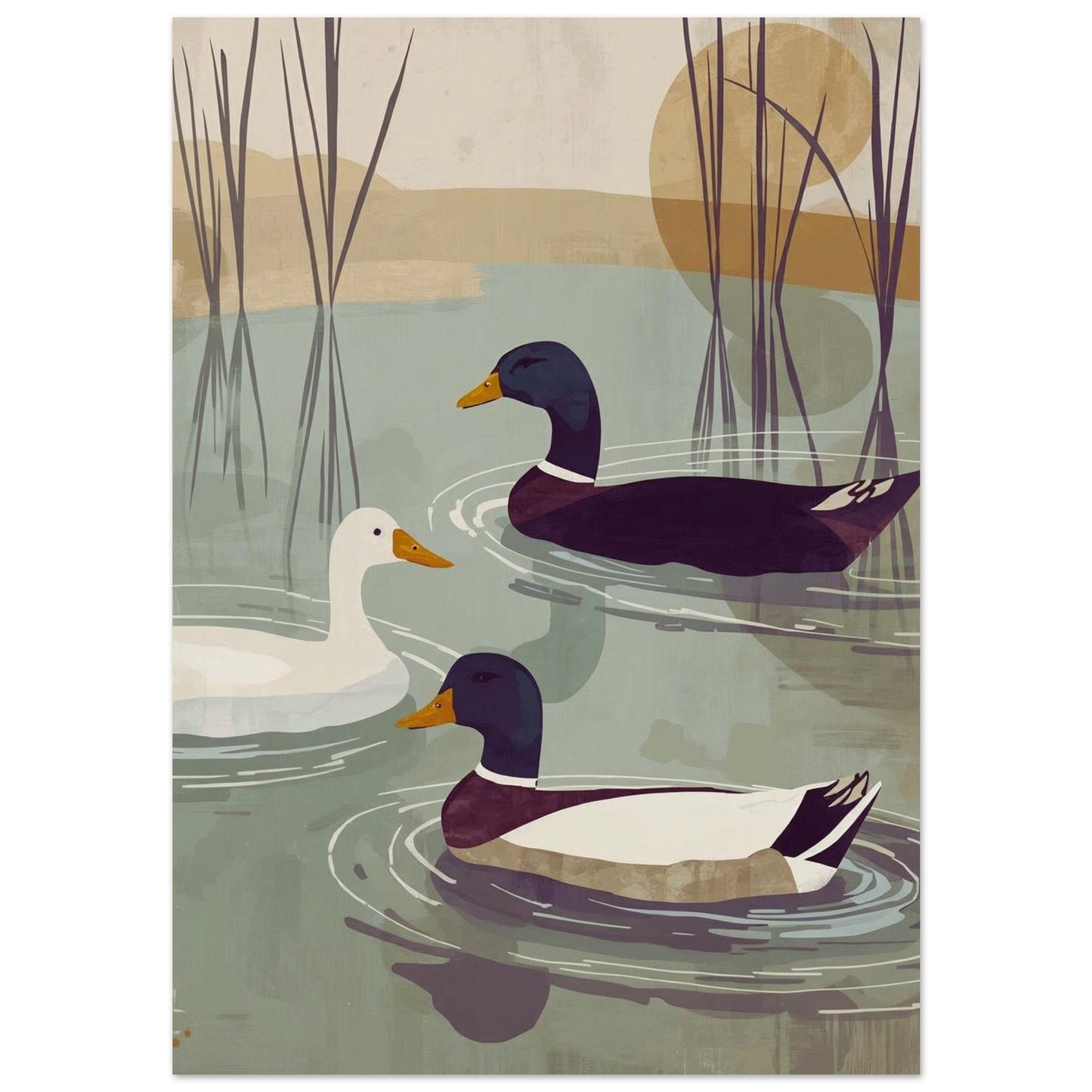 Illustration poster of three ducks swimming in a pond with reeds and a sunset in the background.