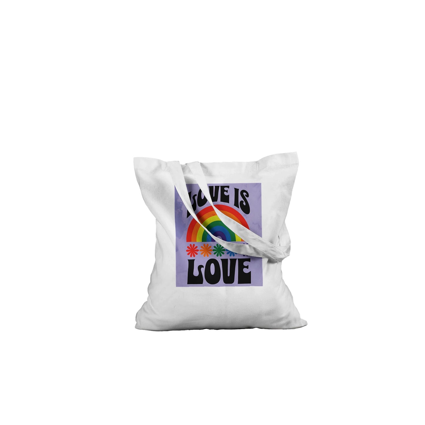 Love Is Love Tote Bag – LGBTQ+ Pride Rainbow Shopper Bag | Eco-Friendly Reusable Cotton Tote with Retro 70s Style Design