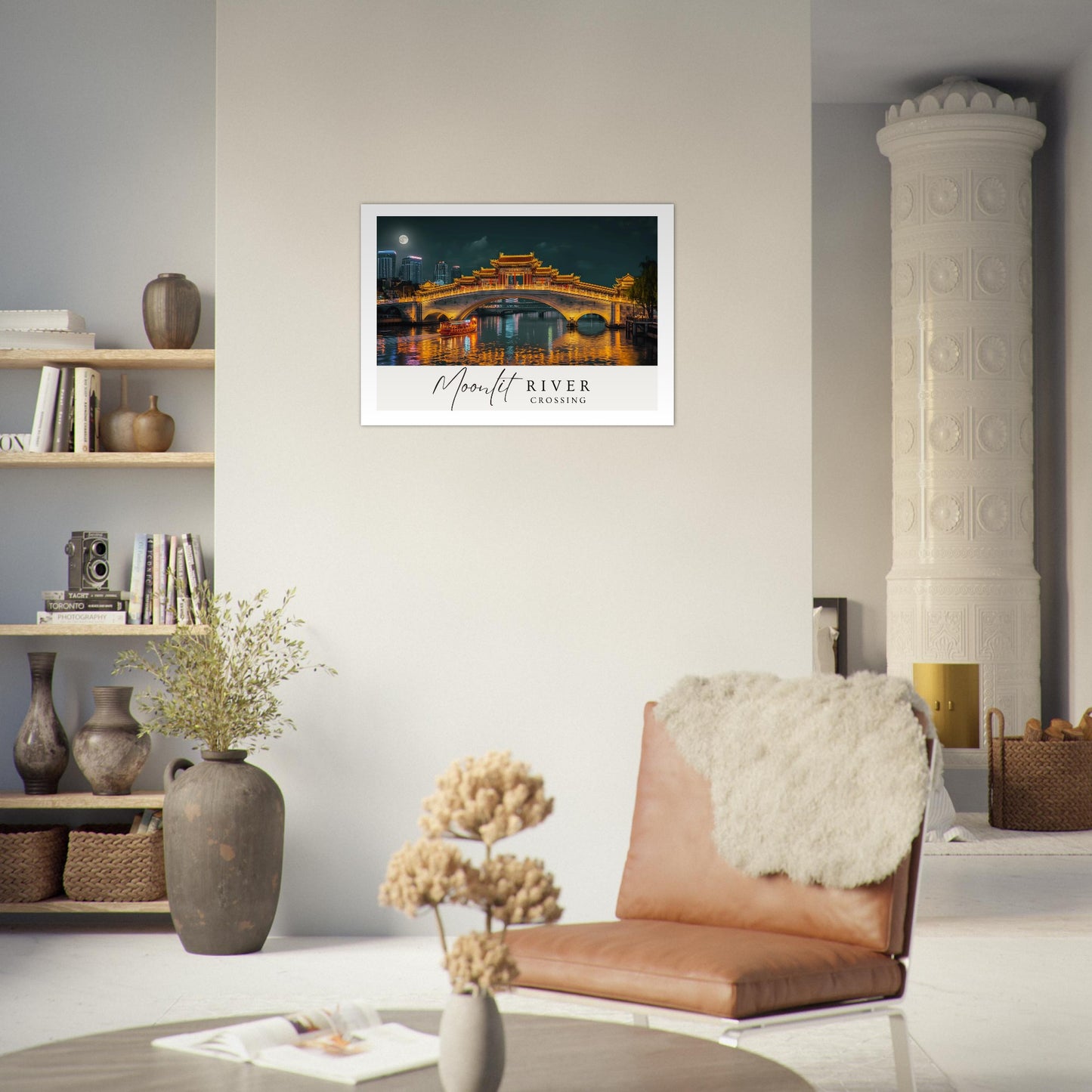 Moonlit River Crossing Poster | Illuminated Bridge Night Scene | Modern Landscape Wall Art Print