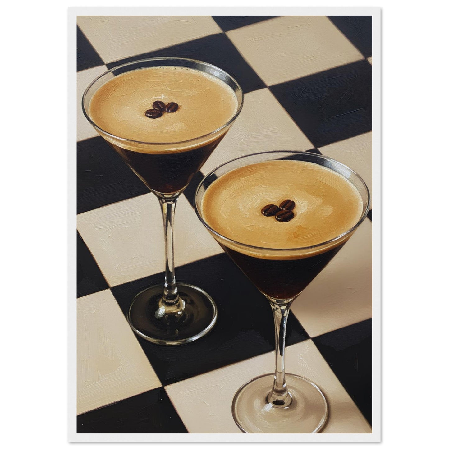 Framed Espresso Martini print featuring two classic cocktails with rich coffee tones and a geometric checkerboard pattern.
