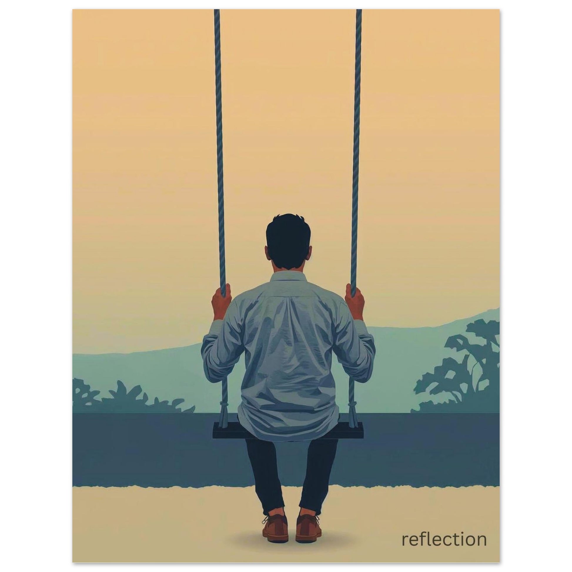 Man sitting on a swing facing a scenic landscape with 'reflection' text.