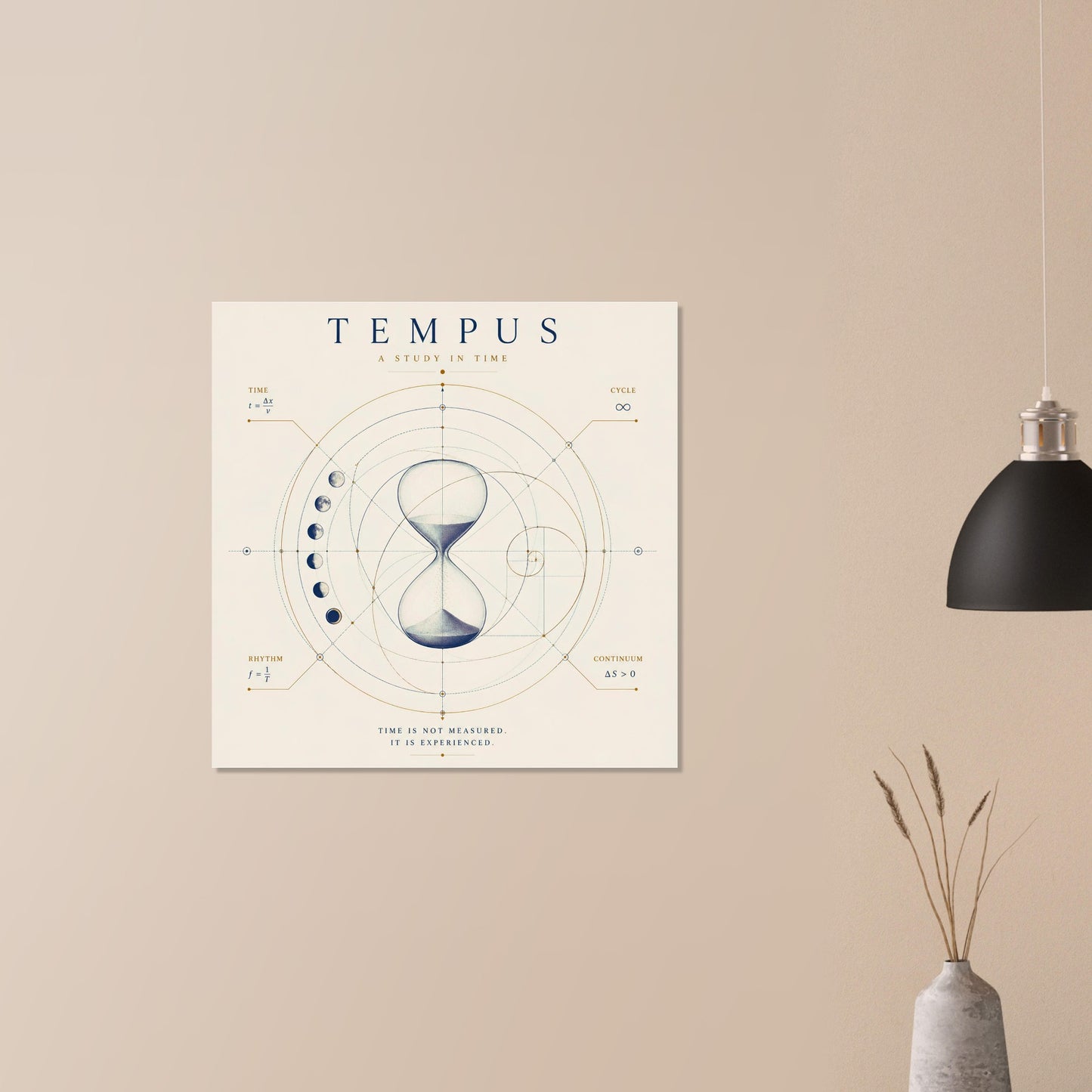Scientific hourglass wall art displayed on a neutral wall with modern lighting and minimalist décor.