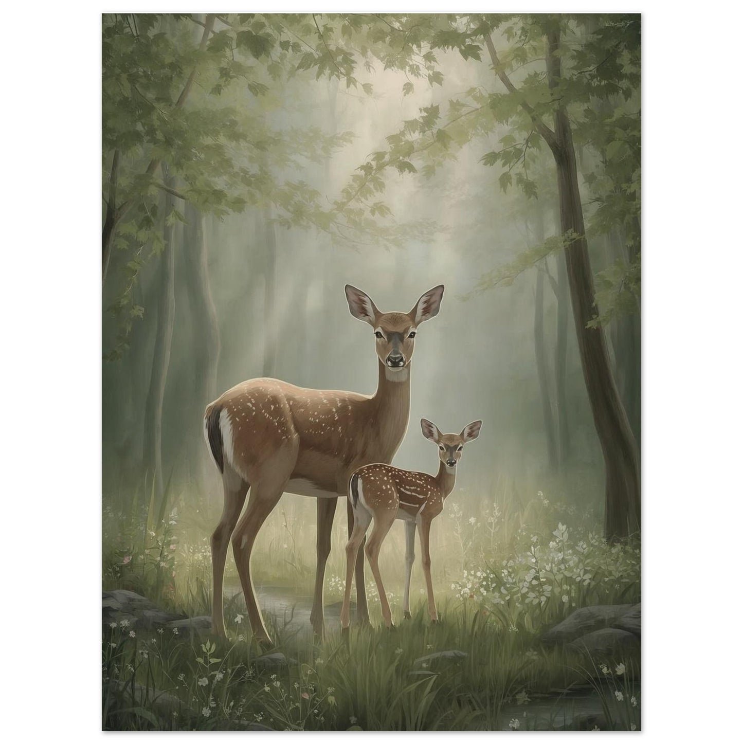 mother and fawn deer wall art poster in soft spring forest scene