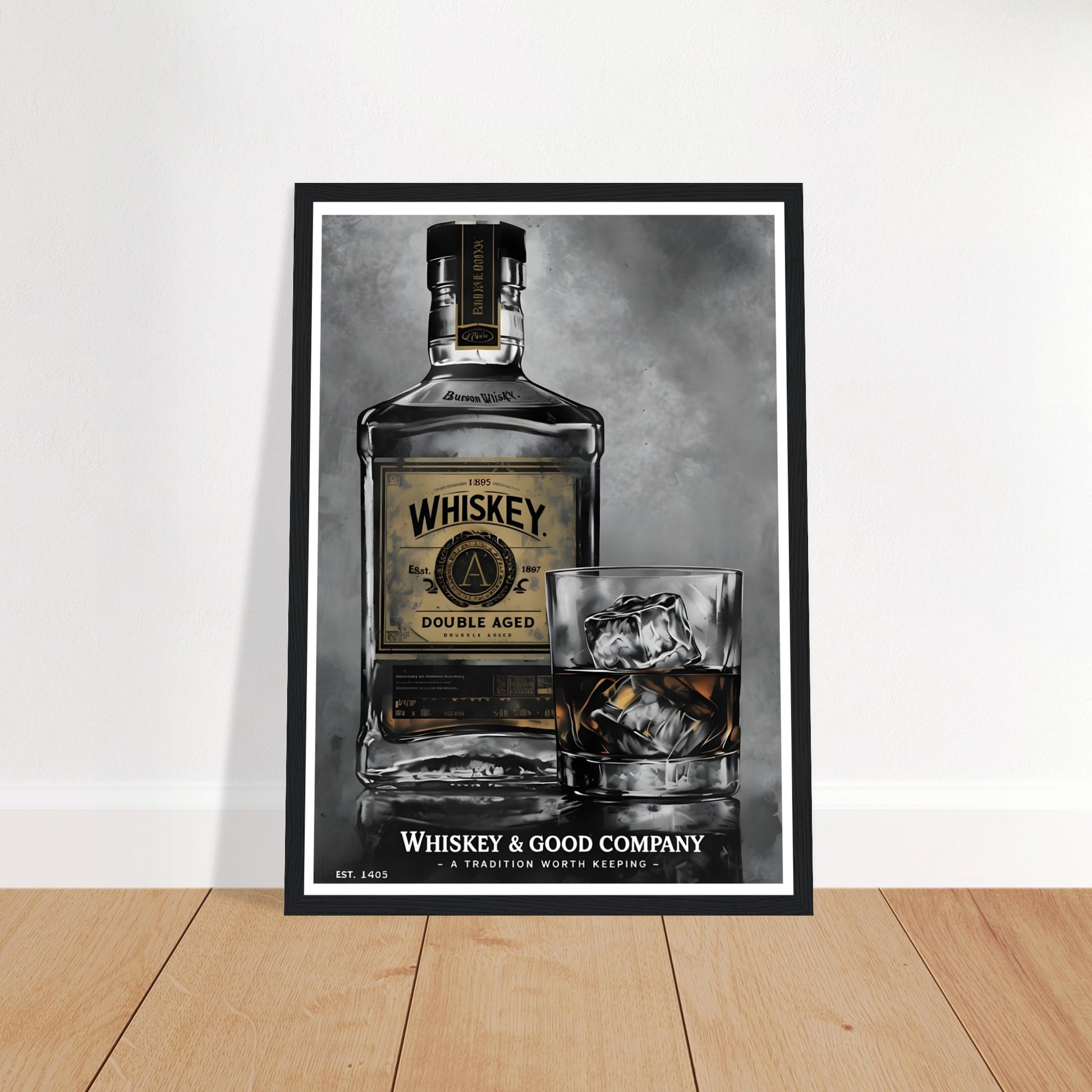 Framed whiskey bottle and glass wall art in noir style, perfect for bar or lounge decor