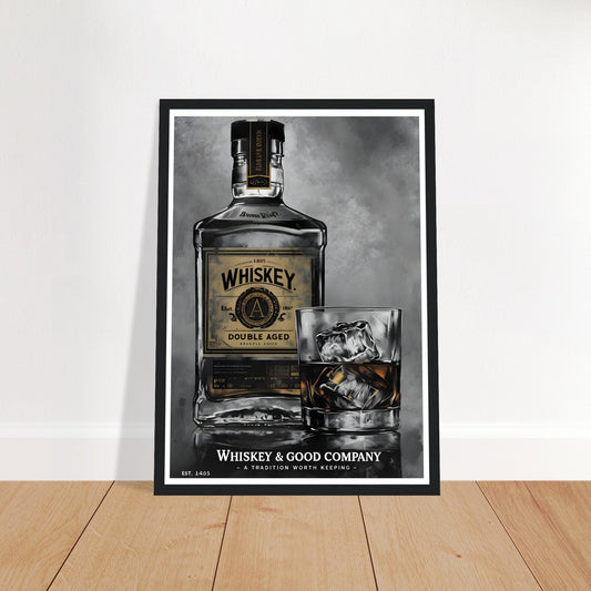 Framed whiskey bottle and glass wall art in noir style, perfect for bar or lounge decor