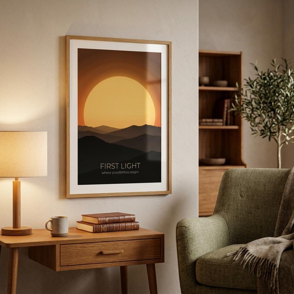 First Light sun wall art displayed in a cosy living room, featuring a giant rising sun above layered mountain silhouettes in warm golden tones.