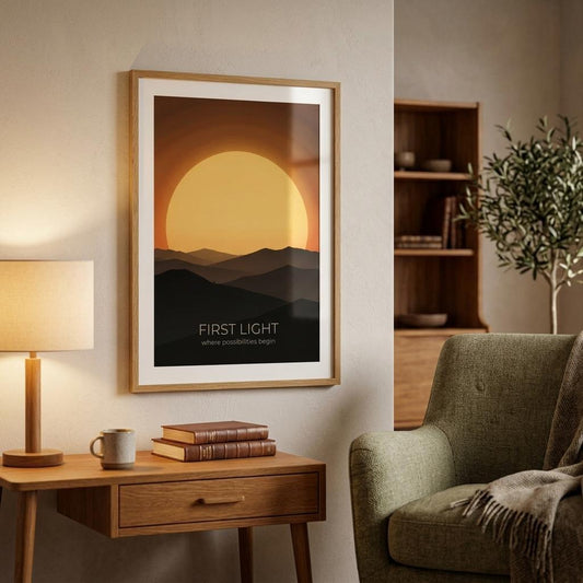 First Light sun wall art displayed in a cosy living room, featuring a giant rising sun above layered mountain silhouettes in warm golden tones.