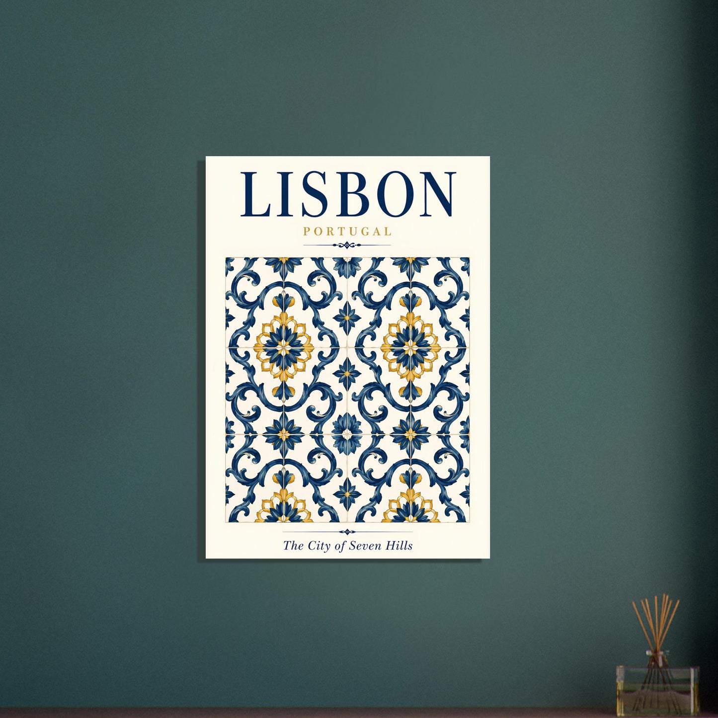Lisbon Portugal tile art poster displayed against a dark green wall in a contemporary interior.