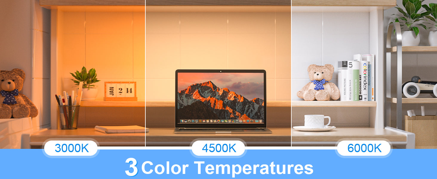 Three different color temperature settings on a laptop screen with corresponding room scenes.