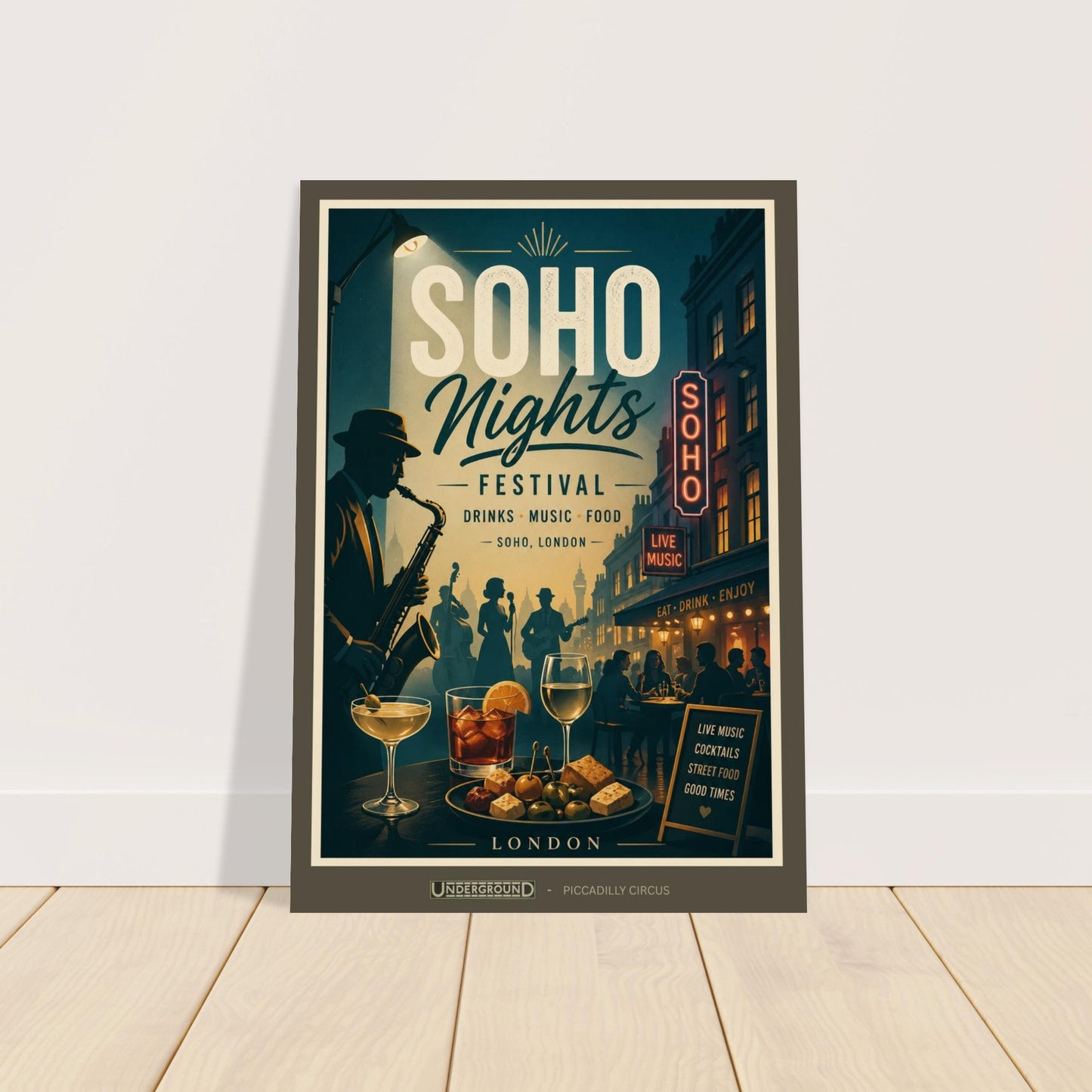 Framed poster of Soho Nights Festival with a saxophonist and drinks on a city street.