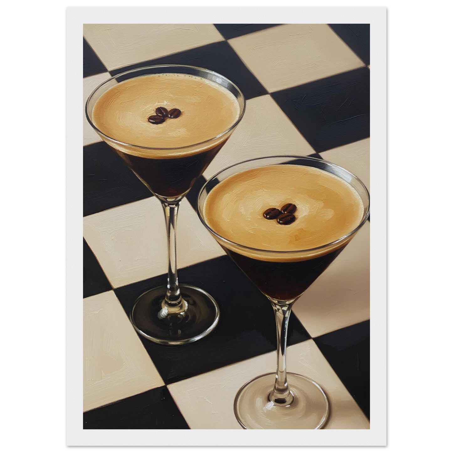 Framed Espresso Martini print featuring two classic cocktails with rich coffee tones and a geometric checkerboard pattern.
