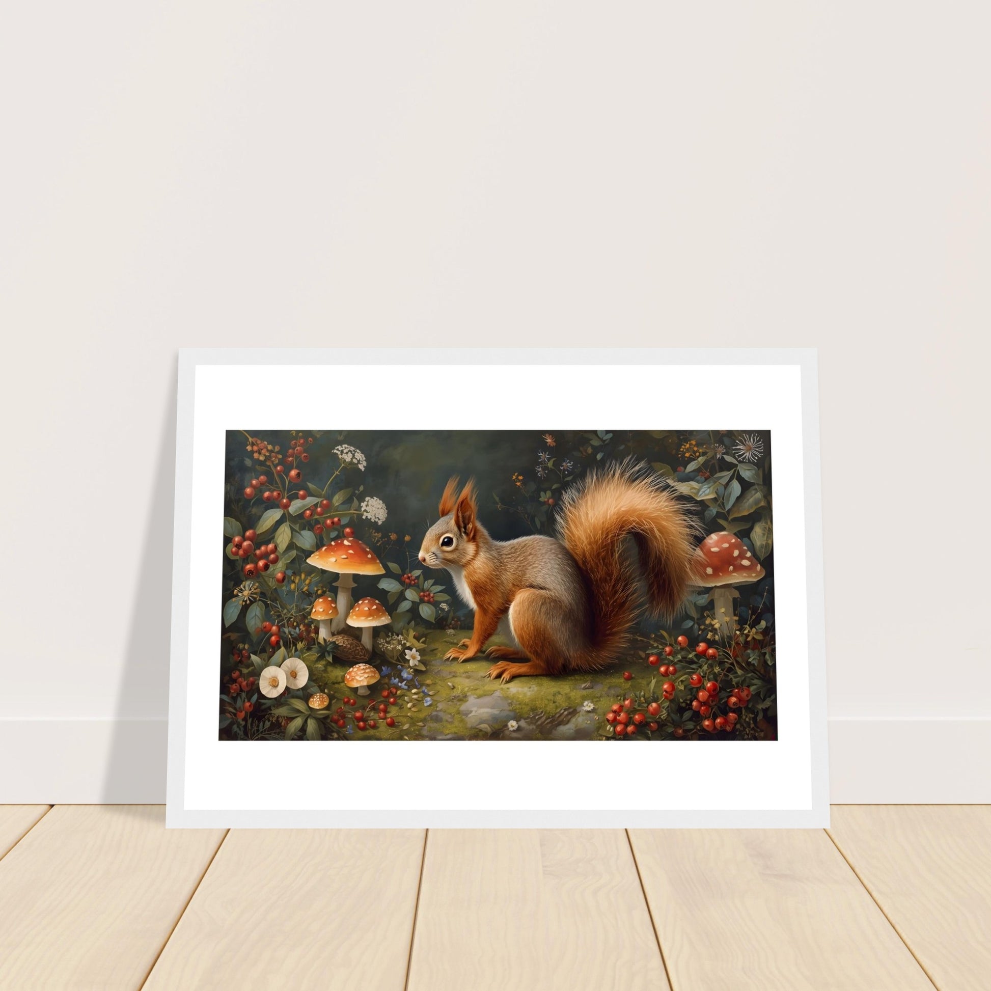 Woodland squirrel art print in a white frame on a light wooden floor against a plain white wall