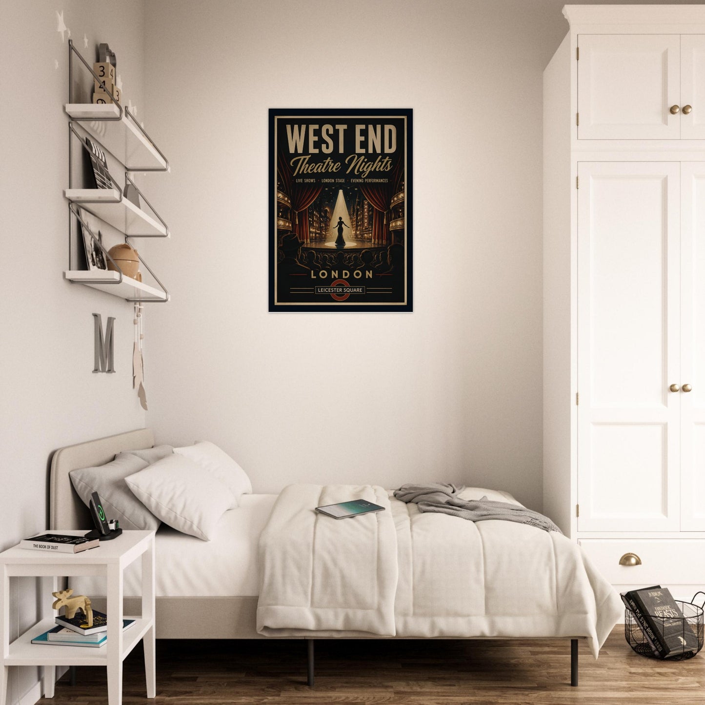 Bedroom with a 'West End Theatre Nights' poster on the wall