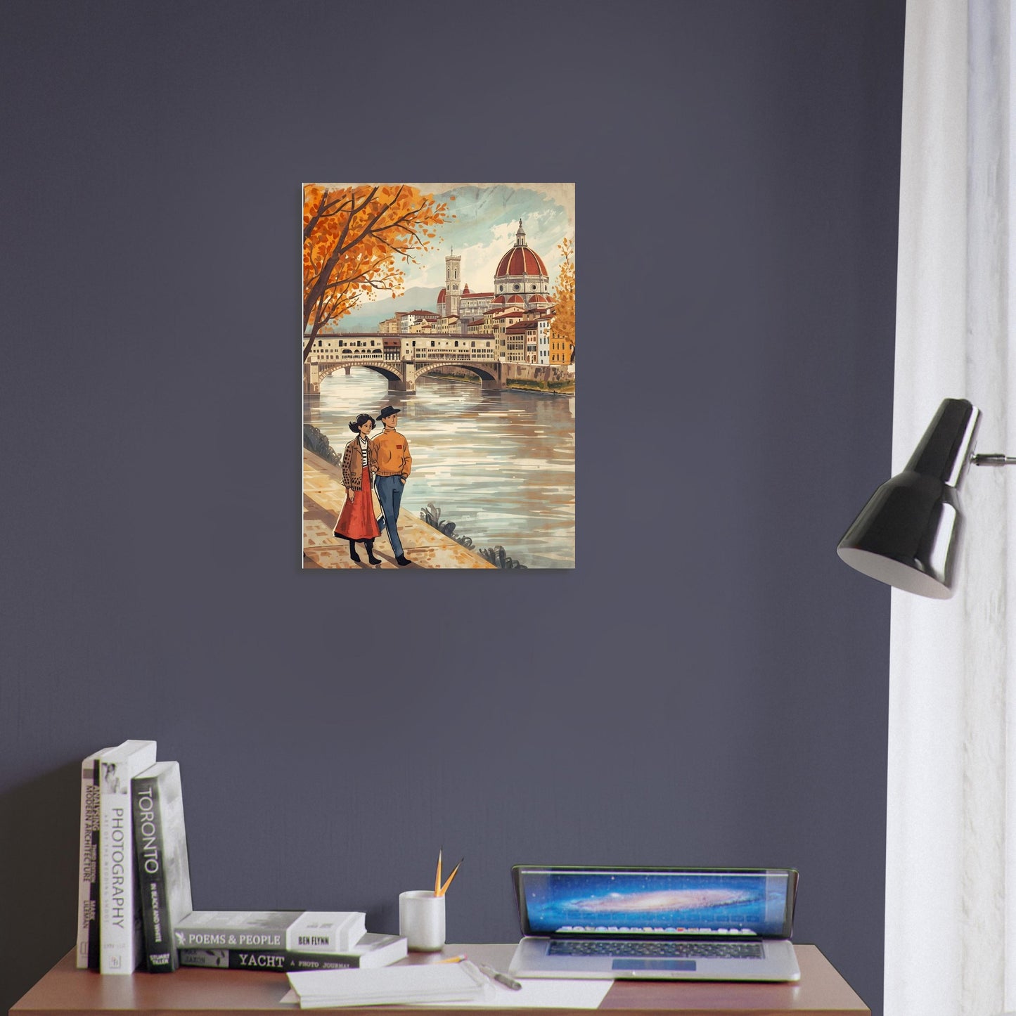 Florence folk art wall print featuring a couple walking beside the Arno River with the Duomo skyline in warm autumn tones