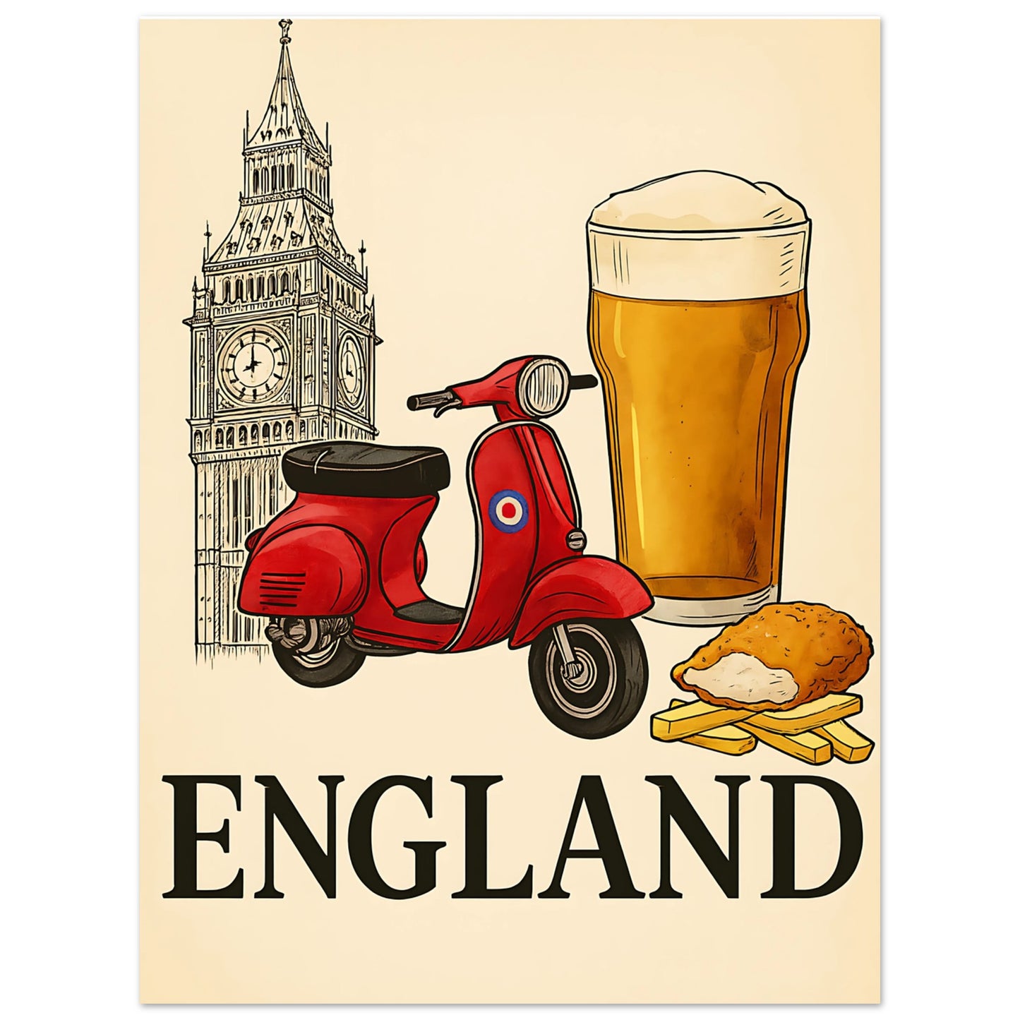 Classic England Poster - Vespa, Big Ben & Beer - British Retro Decor