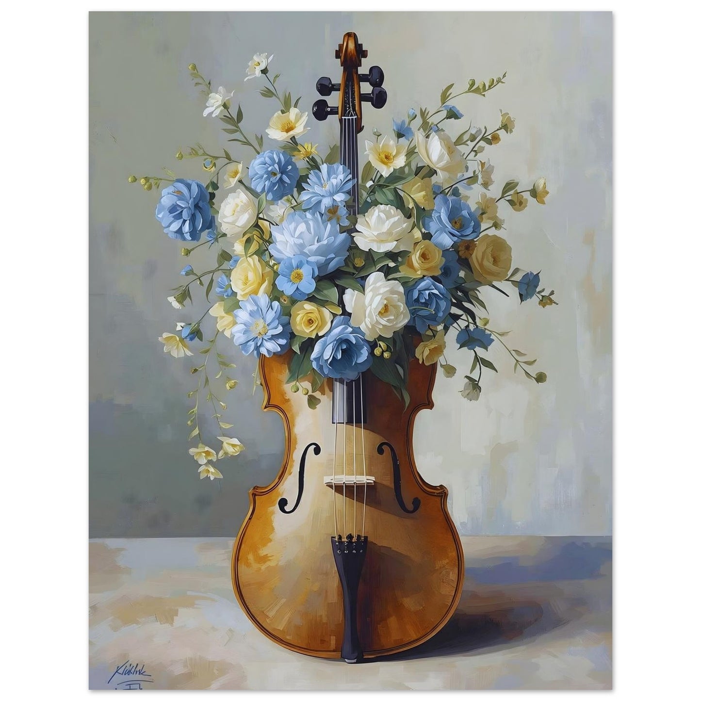 Violin-shaped vase filled with flowers on a neutral background