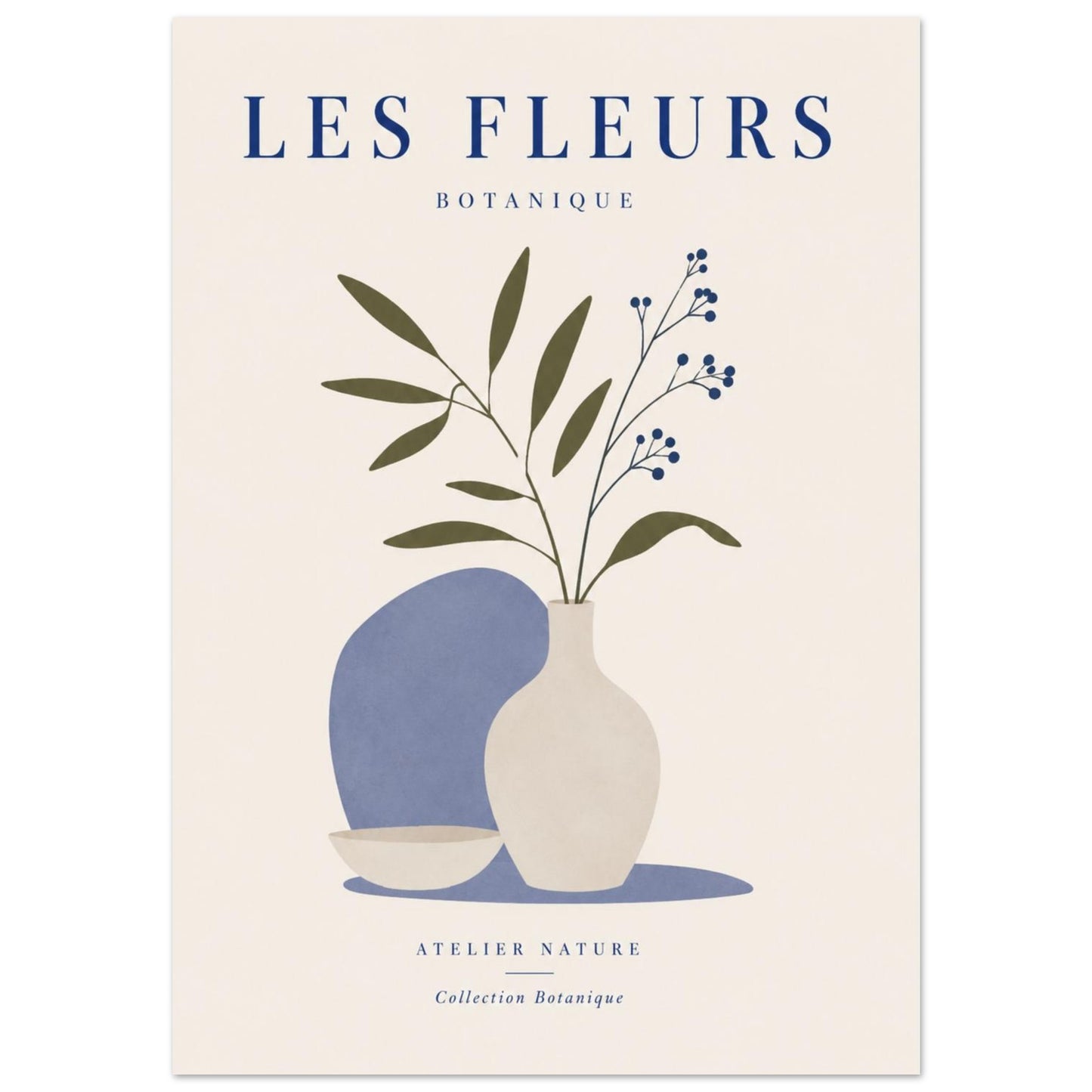 Close-up of Les Fleurs minimalist botanical print with blue vase and elegant floral stems