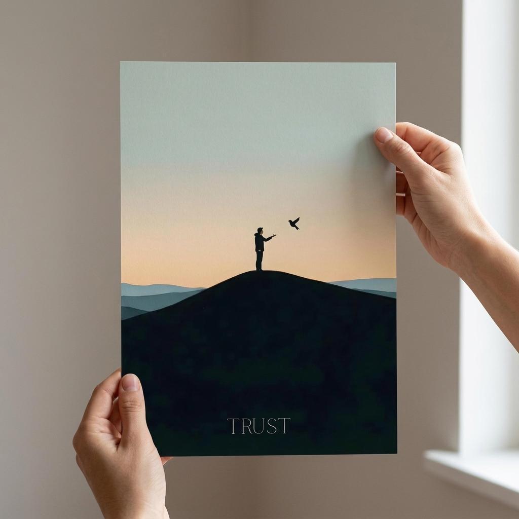 Person holding a print with a silhouette of a person and a bird on a hill, with the word 'TRUST' at the bottom.