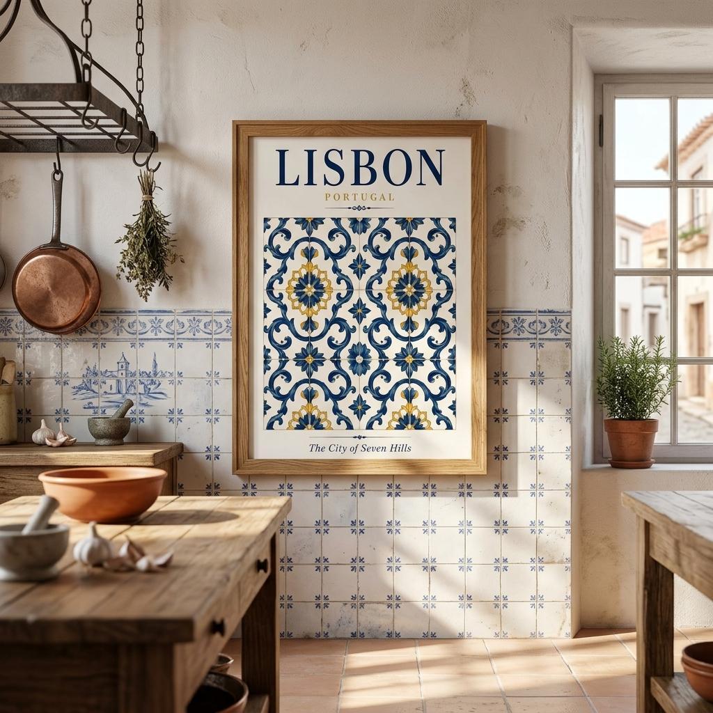 Lisbon Portugal travel poster featuring blue, white and yellow azulejo tile patterns, displayed in a warm rustic Portuguese-style kitchen.
