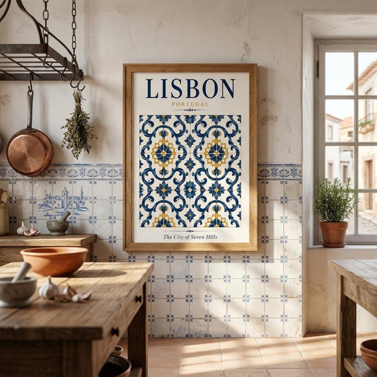 Lisbon Portugal travel poster featuring blue, white and yellow azulejo tile patterns, displayed in a warm rustic Portuguese-style kitchen.