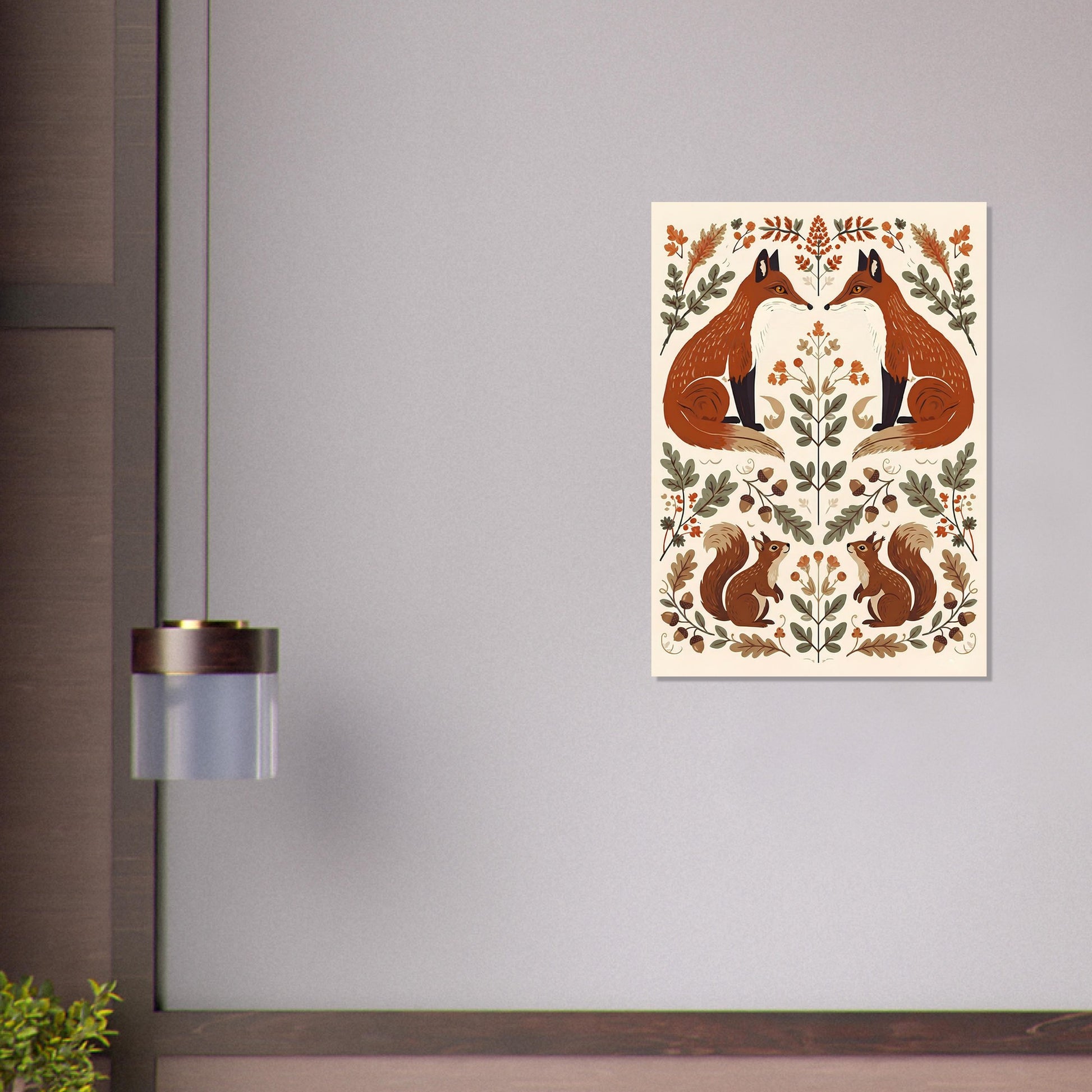 Foxes & Ferns woodland wall art displayed in a soft sage interior, highlighting its warm rust, cream and botanical colour palette.