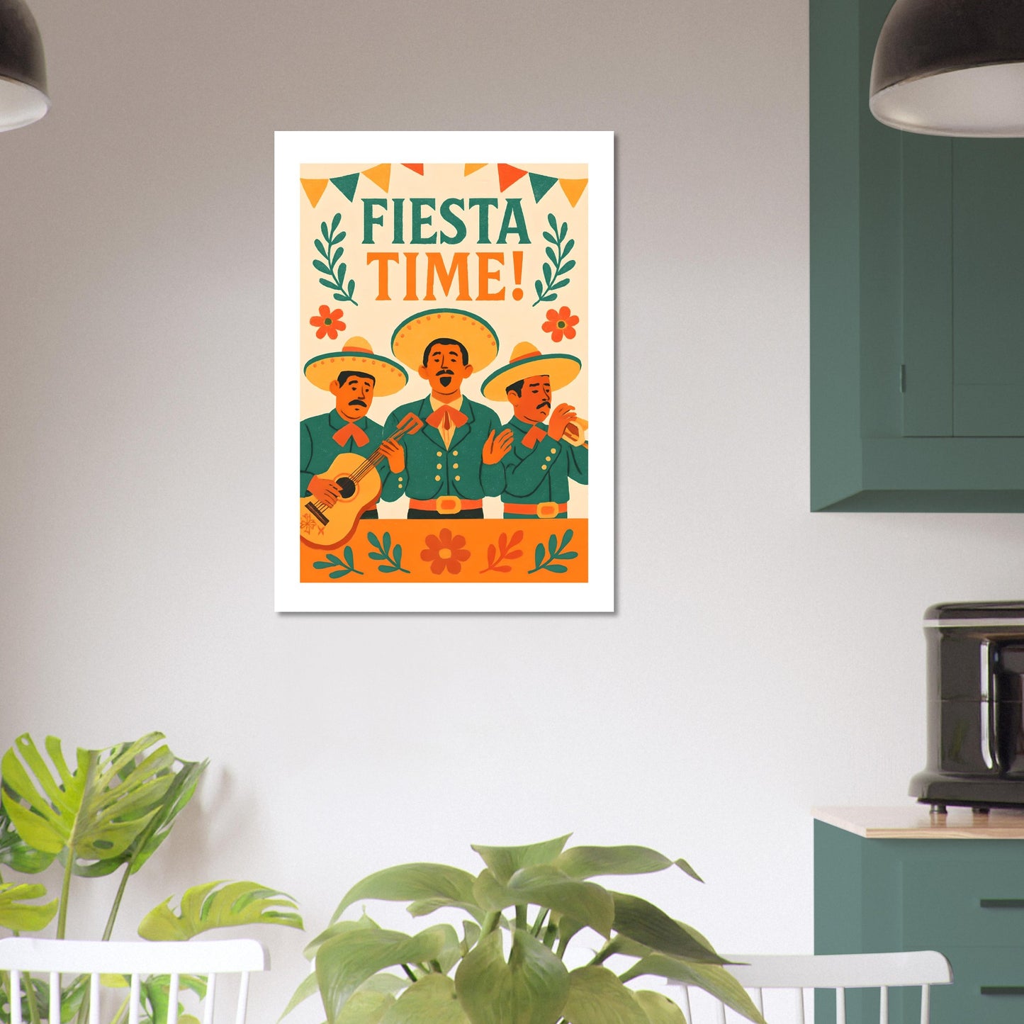 Framed 'Fiesta Time!' poster on a wall with plants and kitchen elements below.