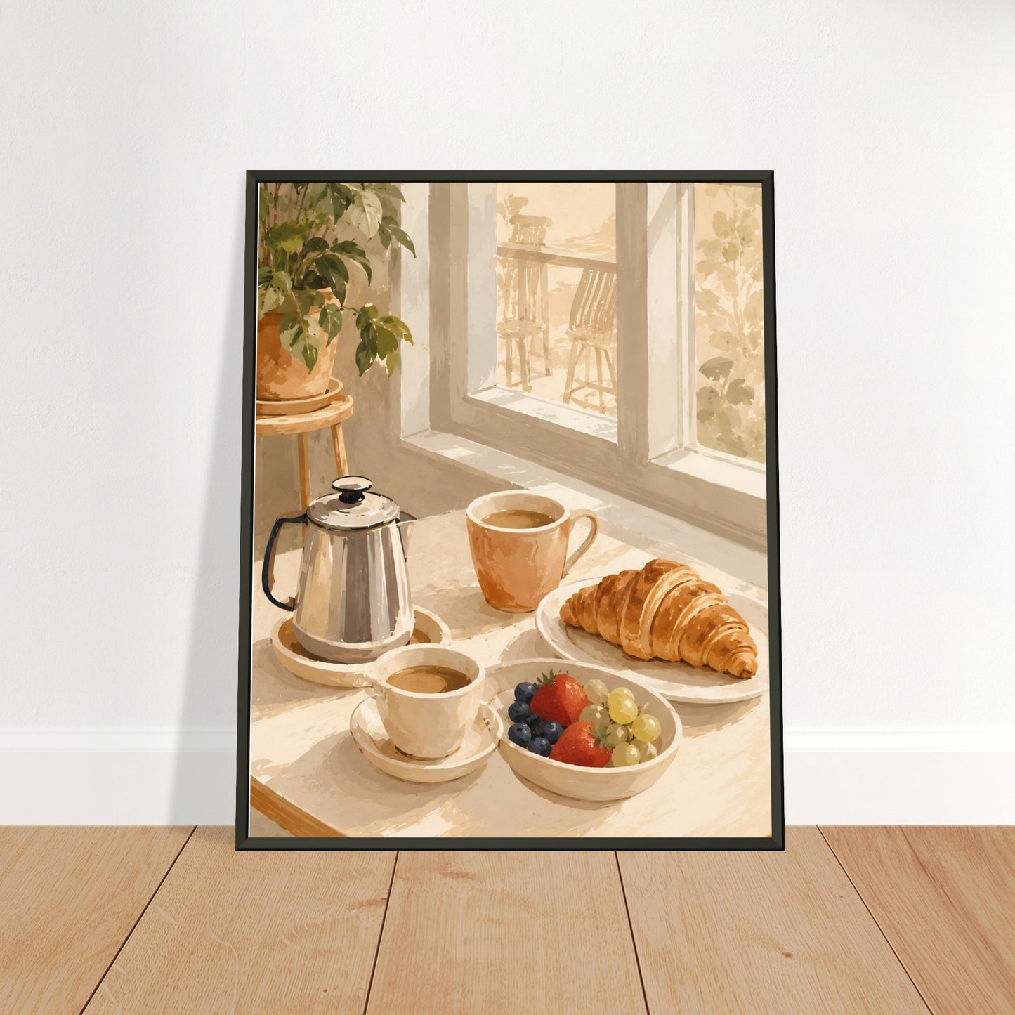 Framed artwork of a breakfast scene with coffee, croissant, and fruits by a window.