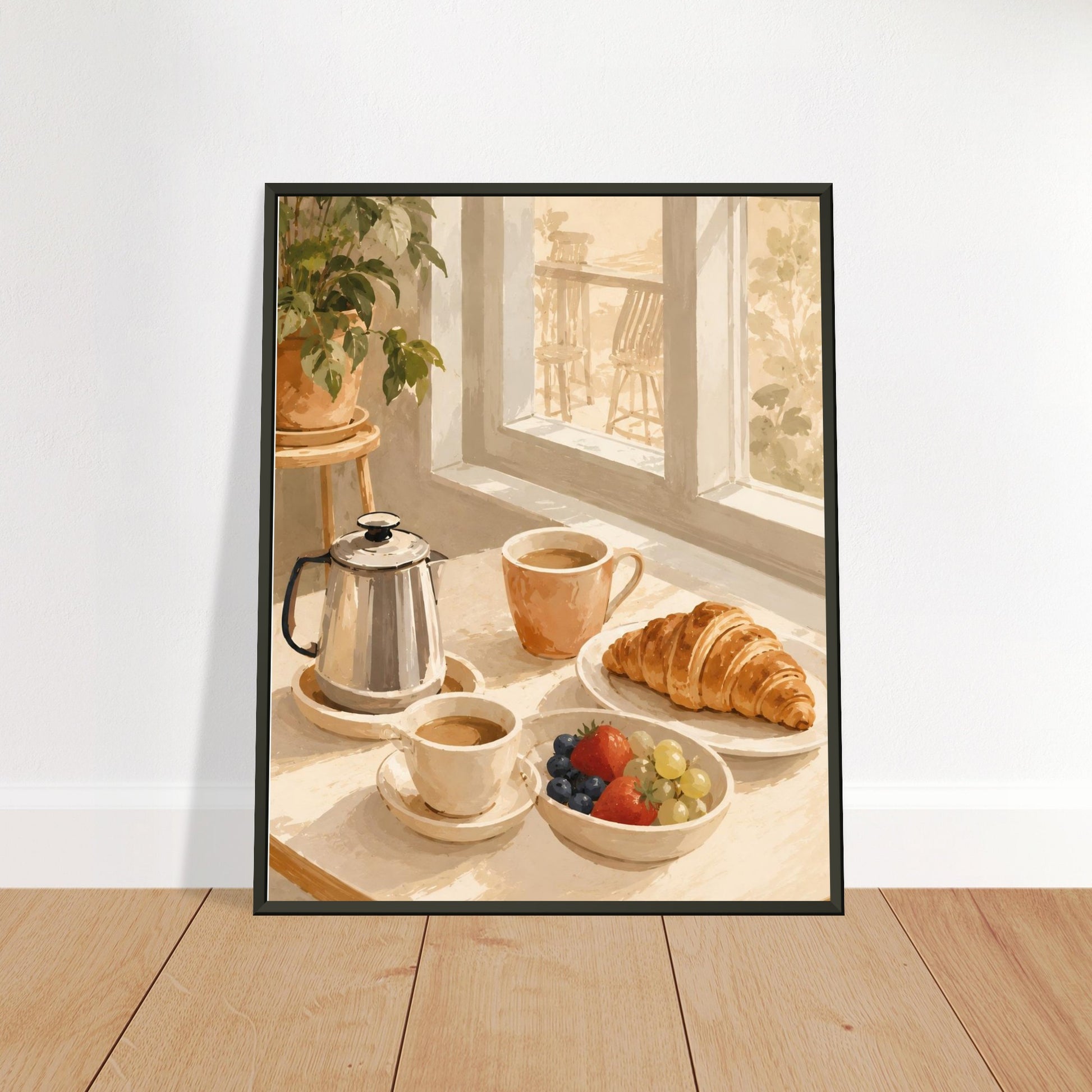 Framed artwork of a breakfast scene with coffee, croissant, and fruits by a window.
