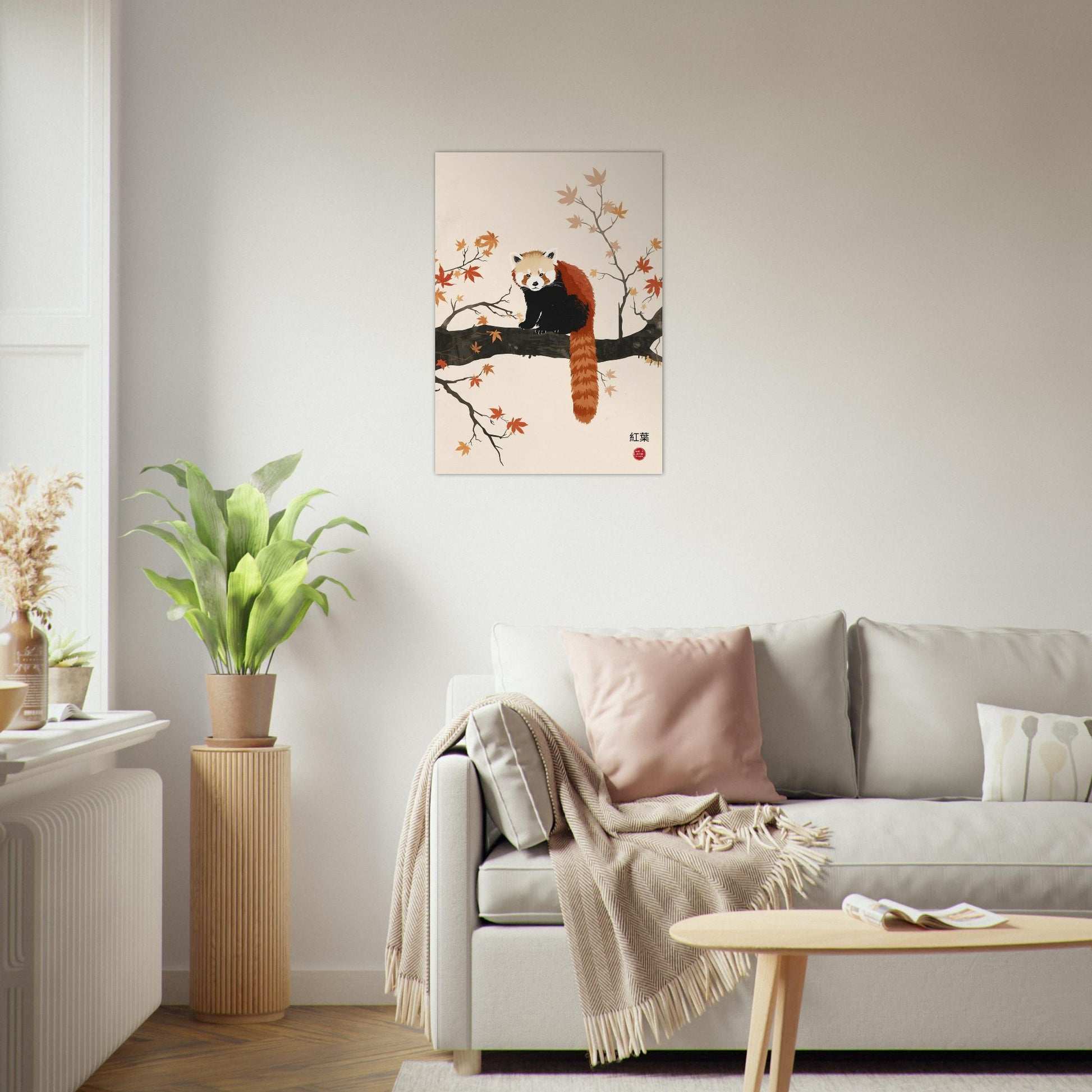 Living room with a sofa, coffee table, and Japandi red panda poster