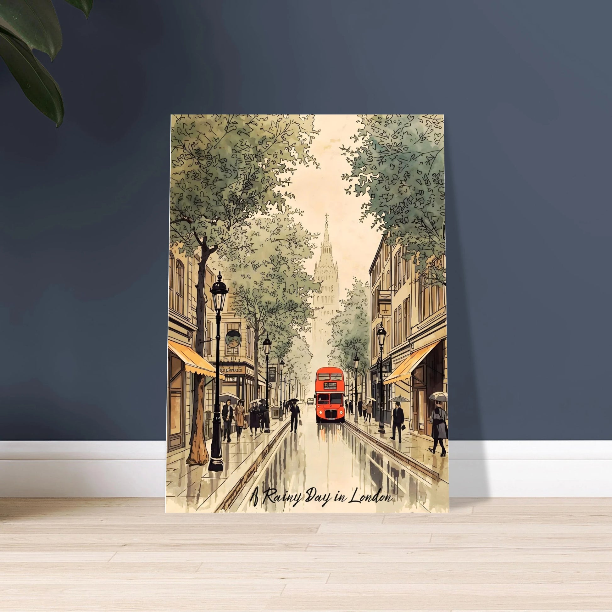 Art print of a rainy day in London scene with a red double-decker bus on a dark blue wall.