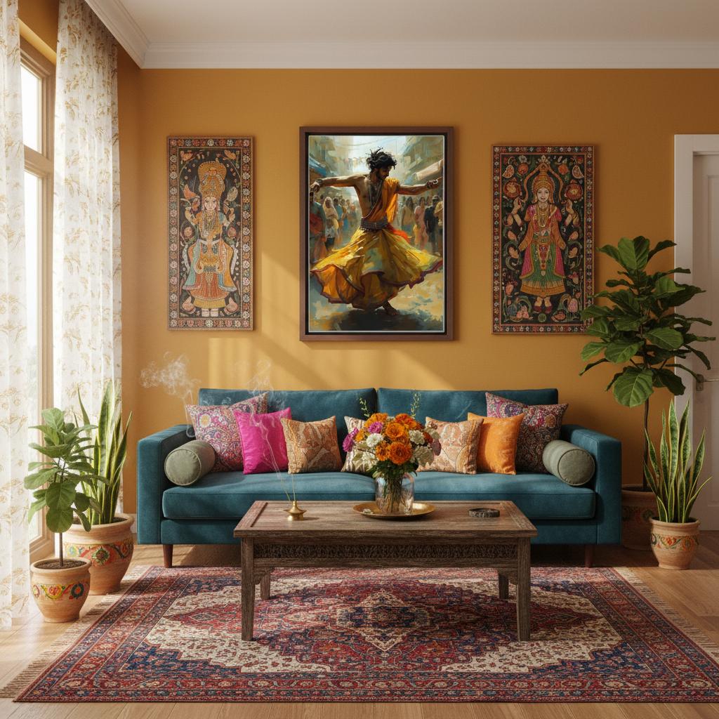 Living room with a blue sofa, colorful cushions, and a large painting on an orange wall.
