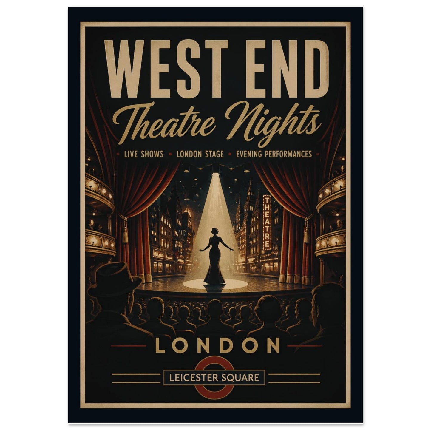 Poster advertising West End Theatre Nights with a stage and curtain design.