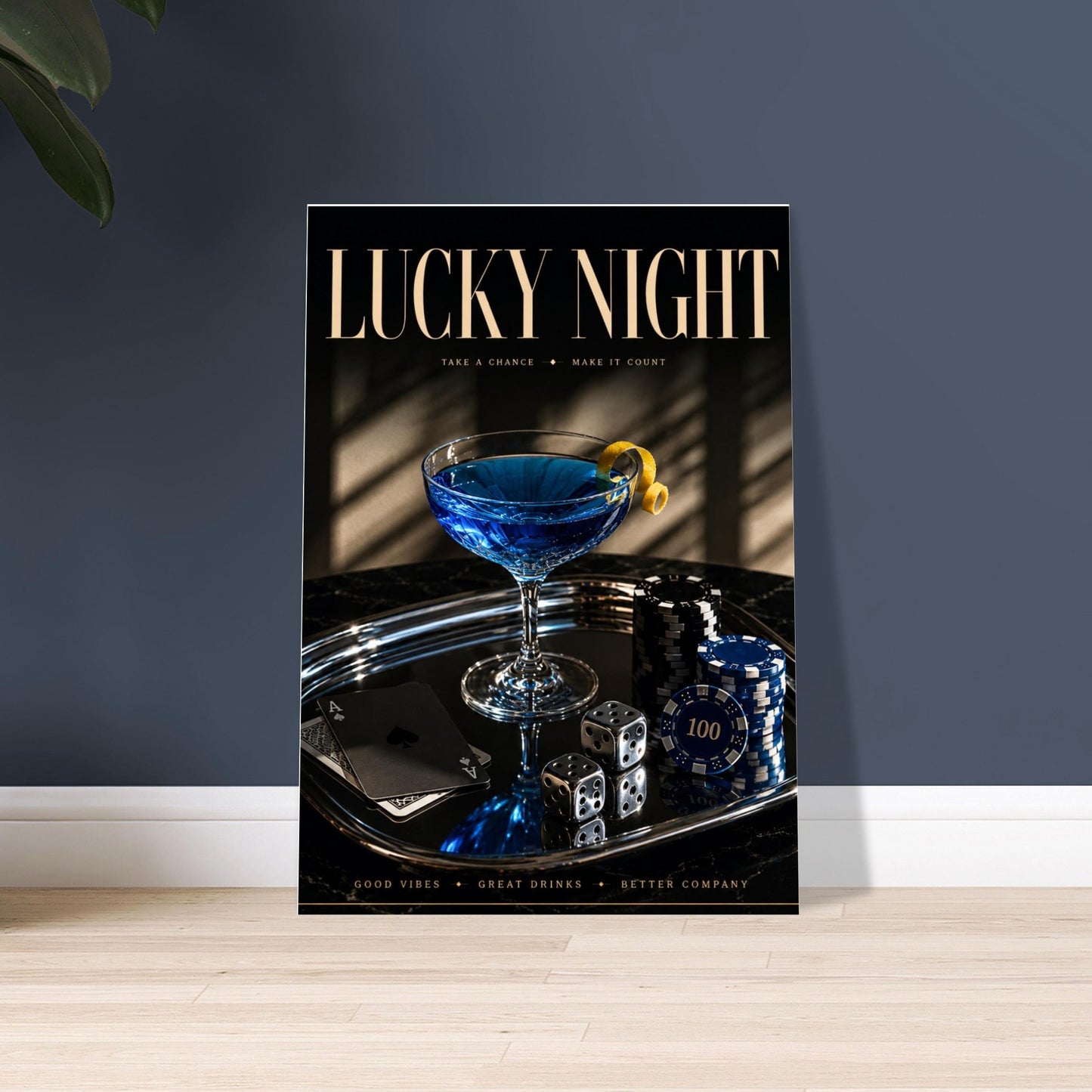 LUCKY NIGHT luxury casino poster styled against dark navy feature wall with modern pendant lighting