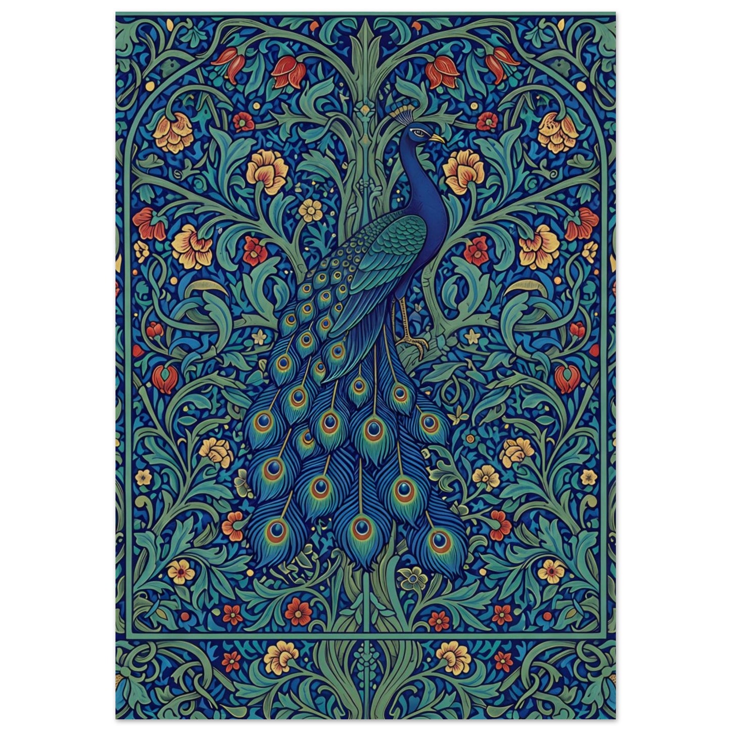 The Enchanted Peacock art print featuring a blue and teal peacock surrounded by intricate jewel-toned flowers and foliage.