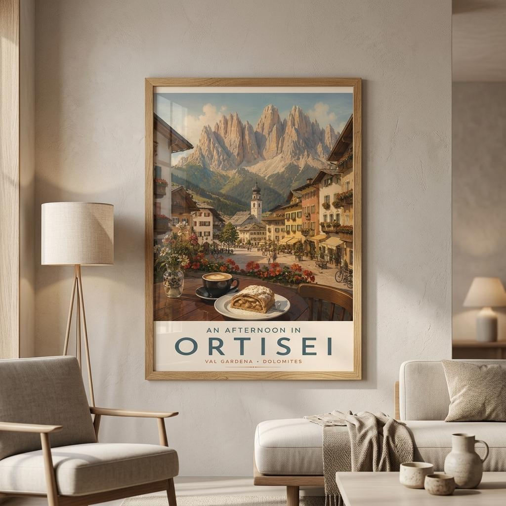 Framed Ortisei travel poster displayed above a sofa in a cosy living room, highlighting the picturesque streets and mountains of Val Gardena.