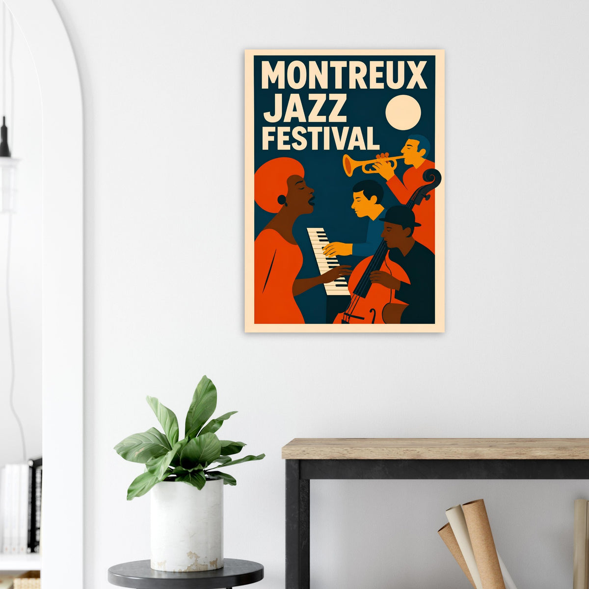 A framed poster featuring a stylized illustration of a jazz festival with the text 'MONTREUX JAZZ FESTIVAL' hangs on a white wall above a console table with a potted plant.