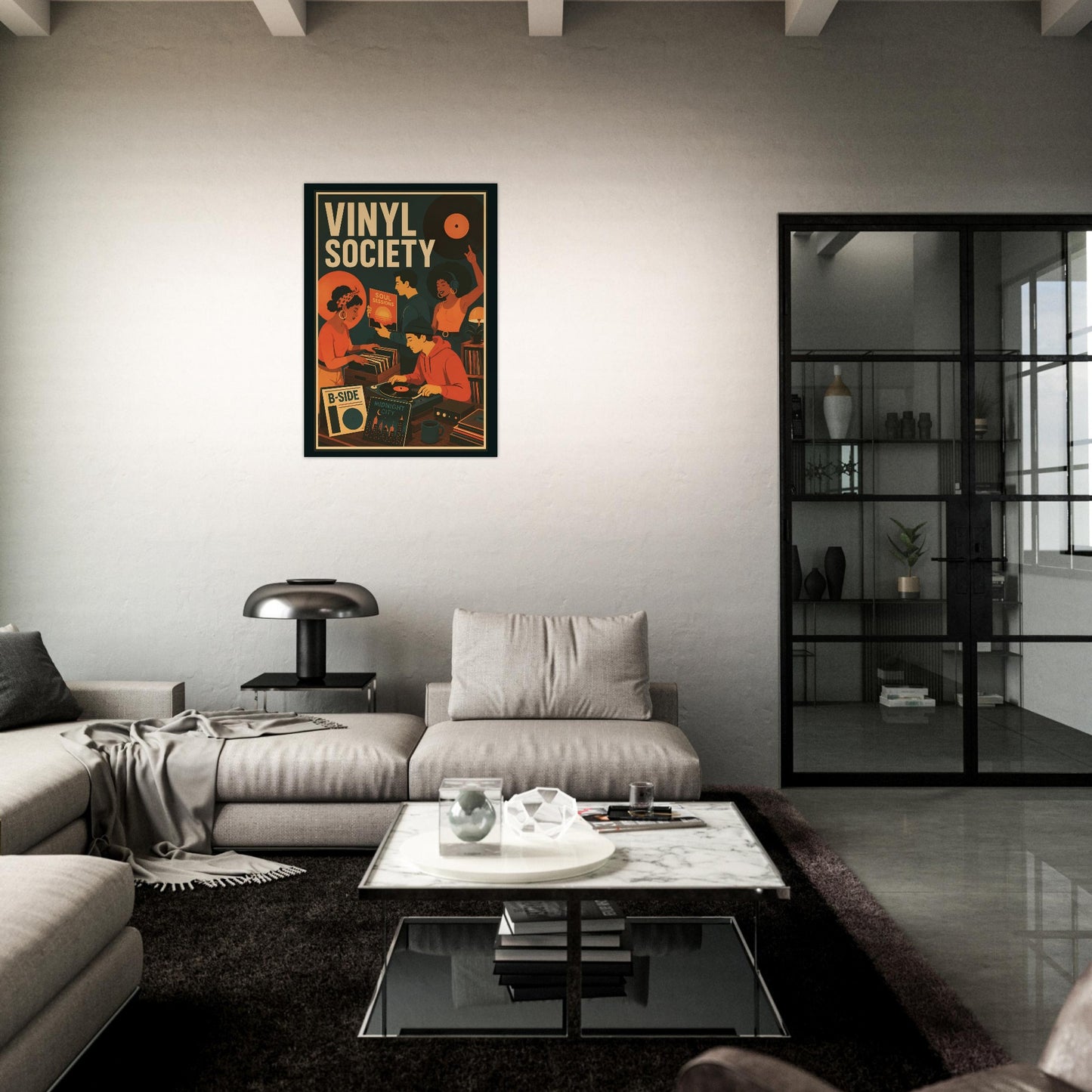 Framed Vinyl Society music poster displayed above a sofa in a contemporary black and white living room.
