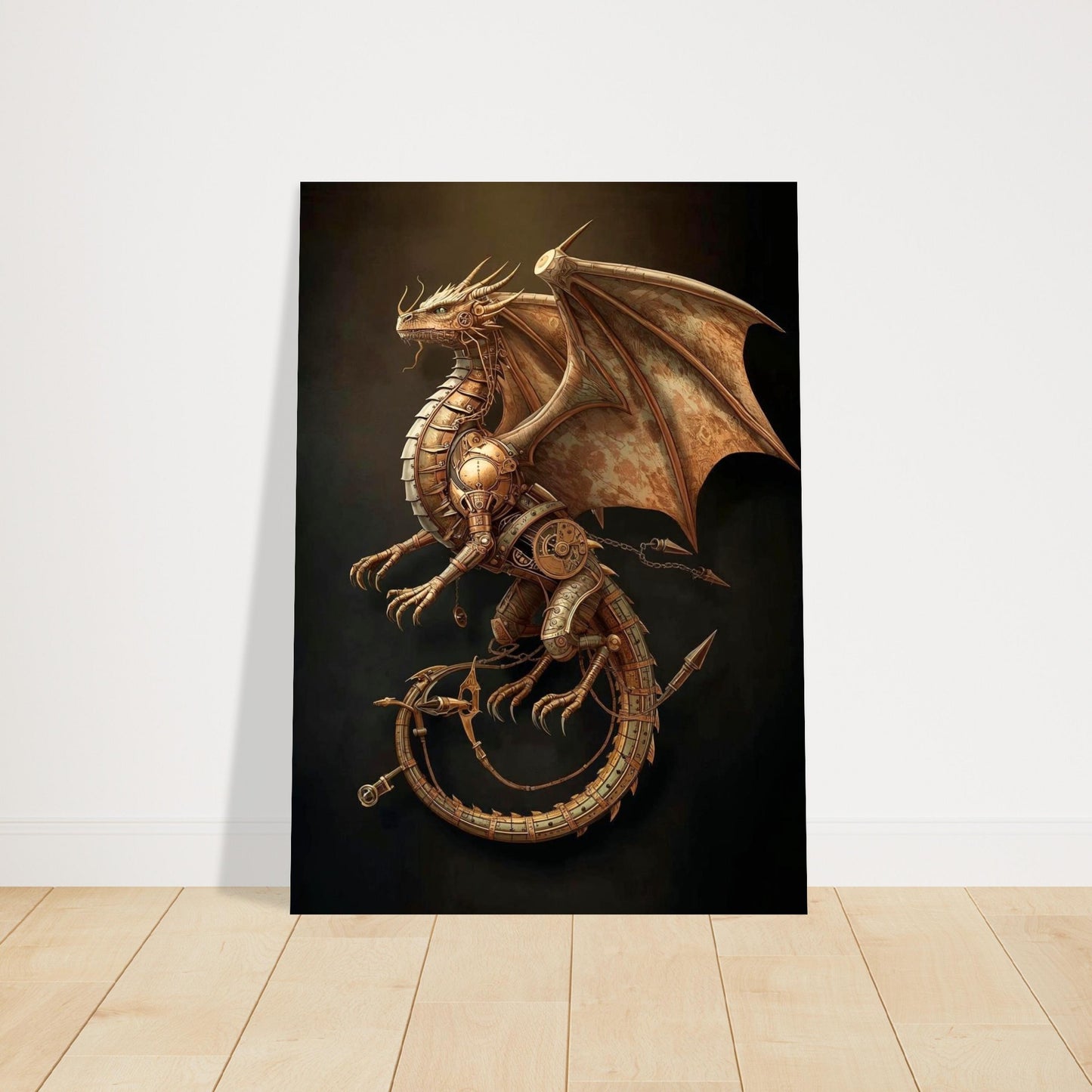 Steampunk dragon artwork on a dark background
