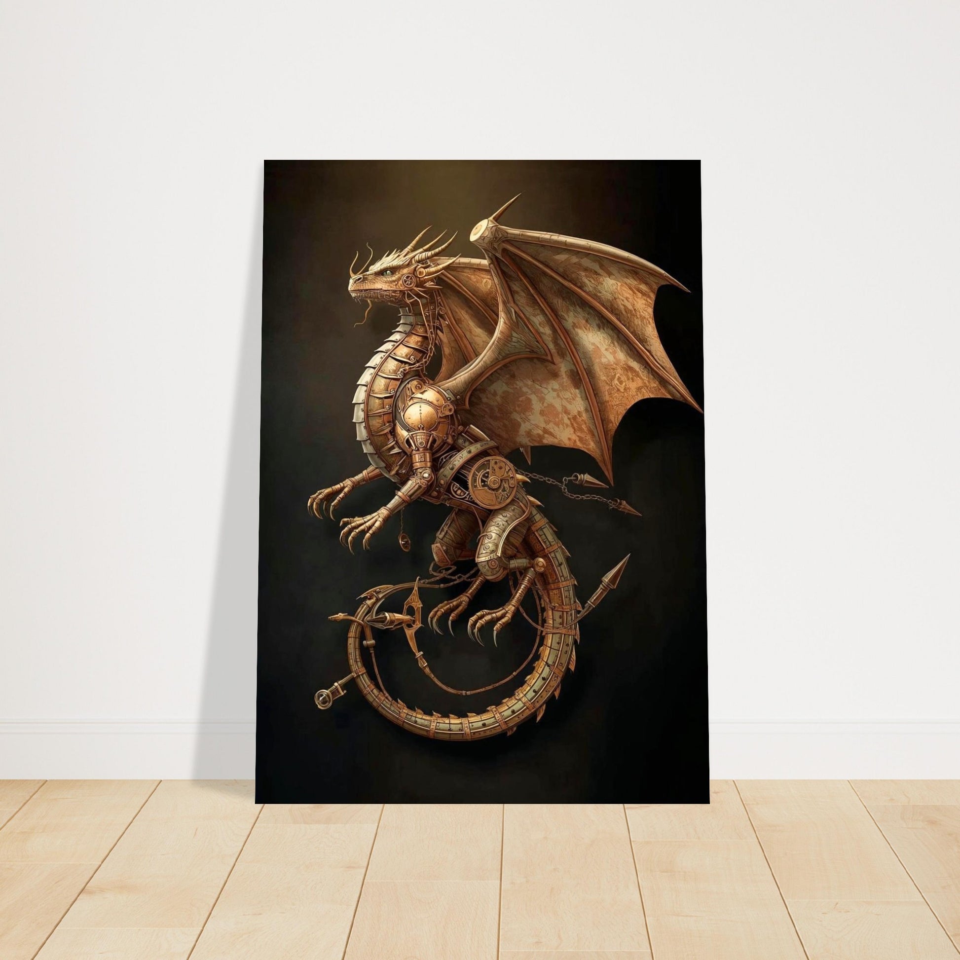 Steampunk dragon artwork on a dark background
