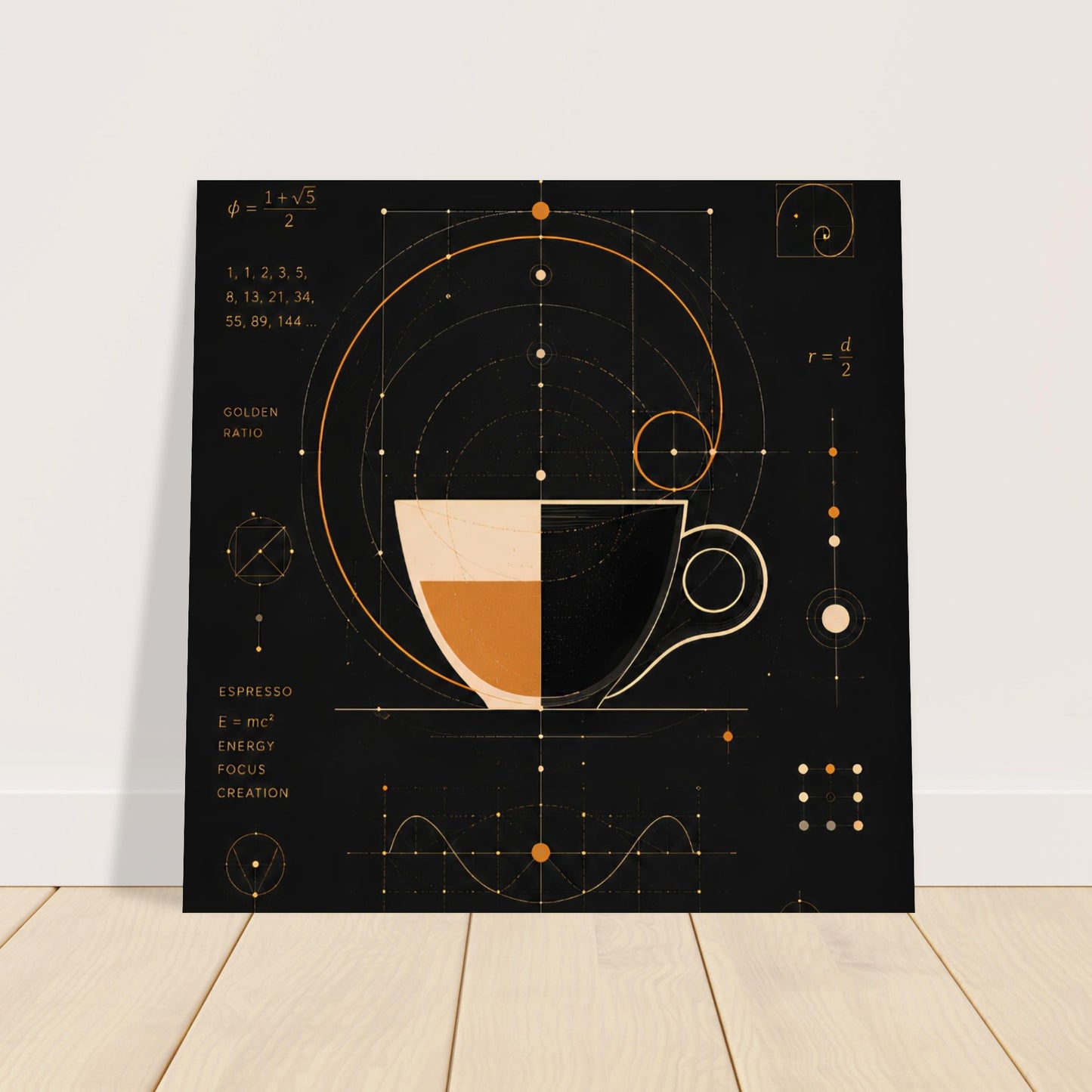 Square geometric coffee poster displayed on a light wood floor against a neutral wall.