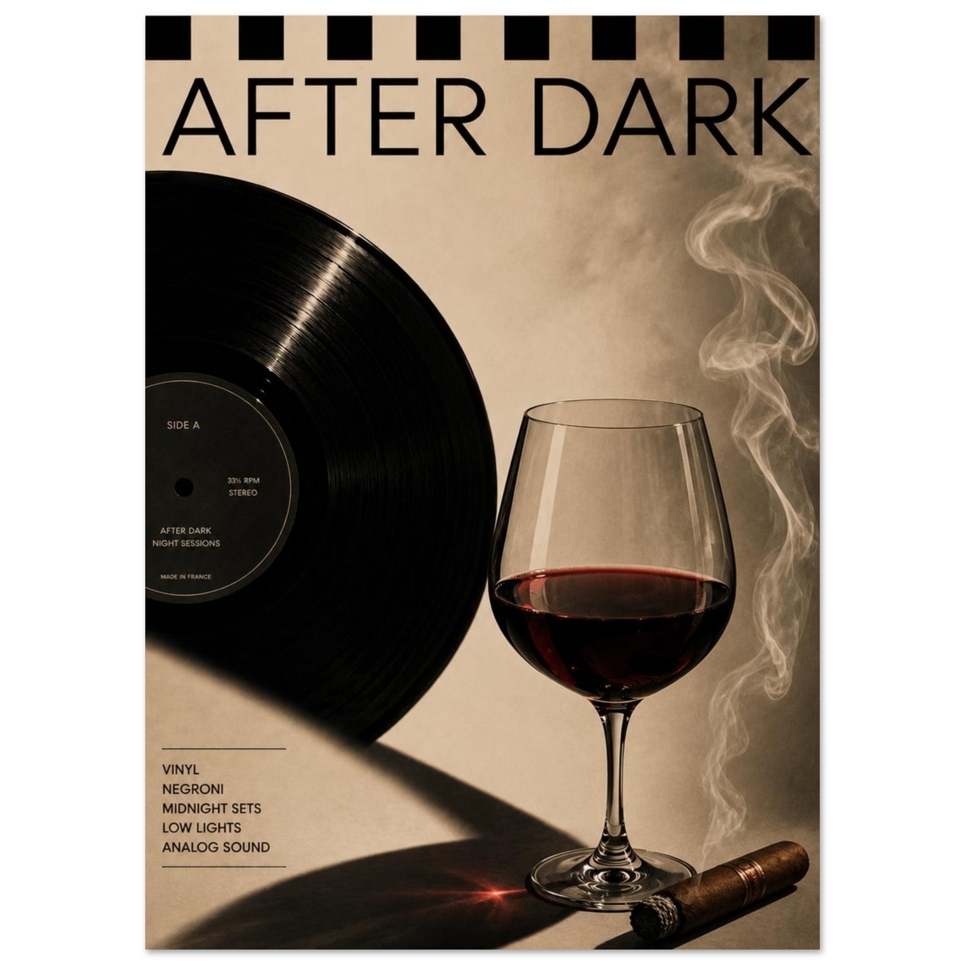 Poster with a vinyl record, wine glass, and cigar on a beige background with 'After Dark' text.