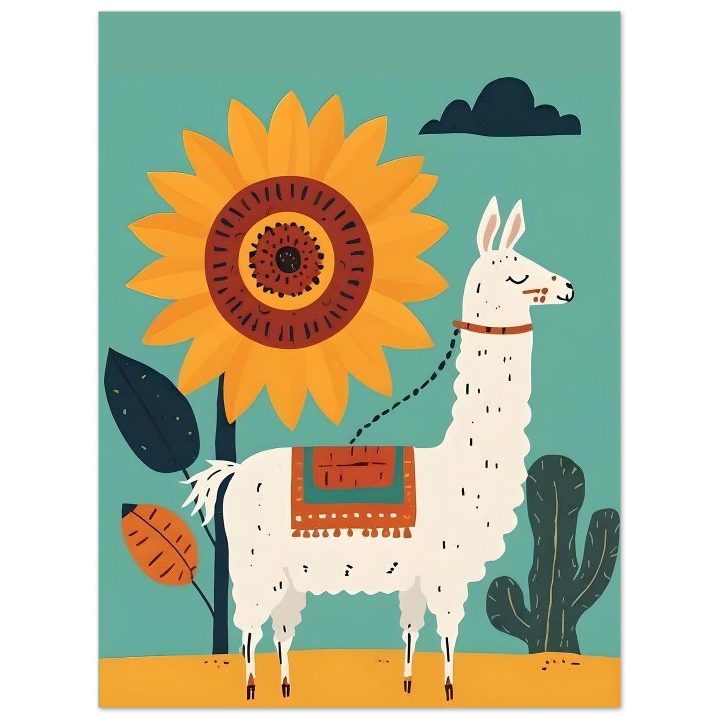 Illustration of a llama and sunflower on a teal background