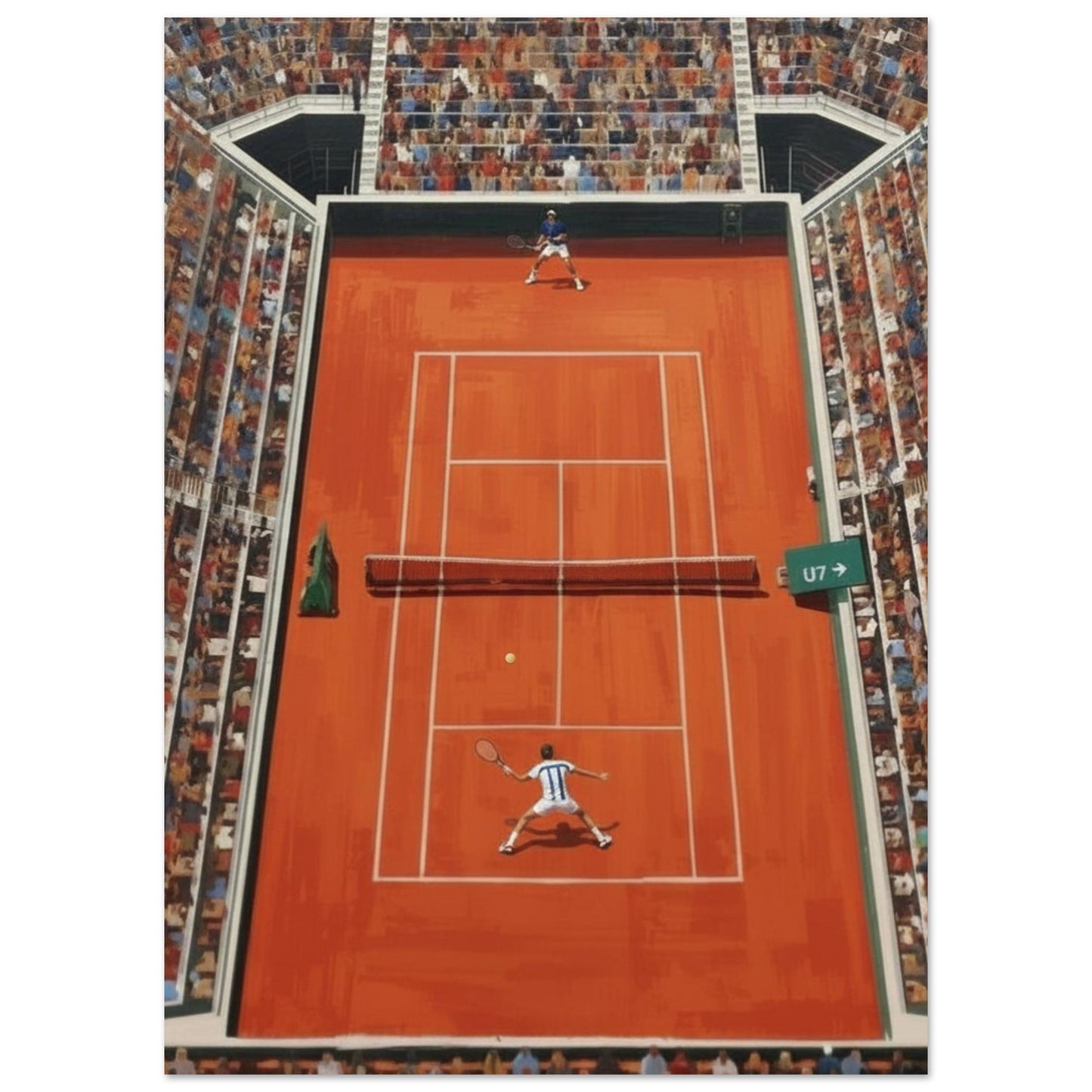 Poster of a tennis match on a red court with spectators in the stands.