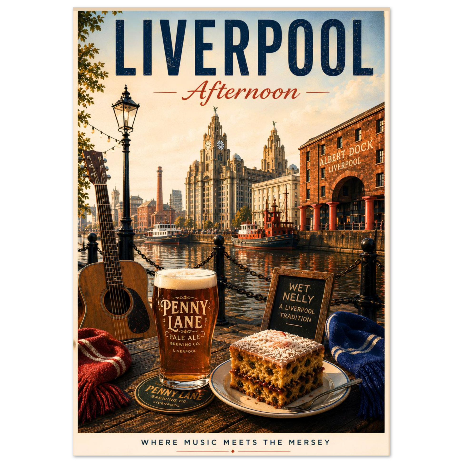 Liverpool Afternoon travel print featuring the Royal Liver Building, waterfront views, traditional Wet Nelly and a locally inspired pale ale.