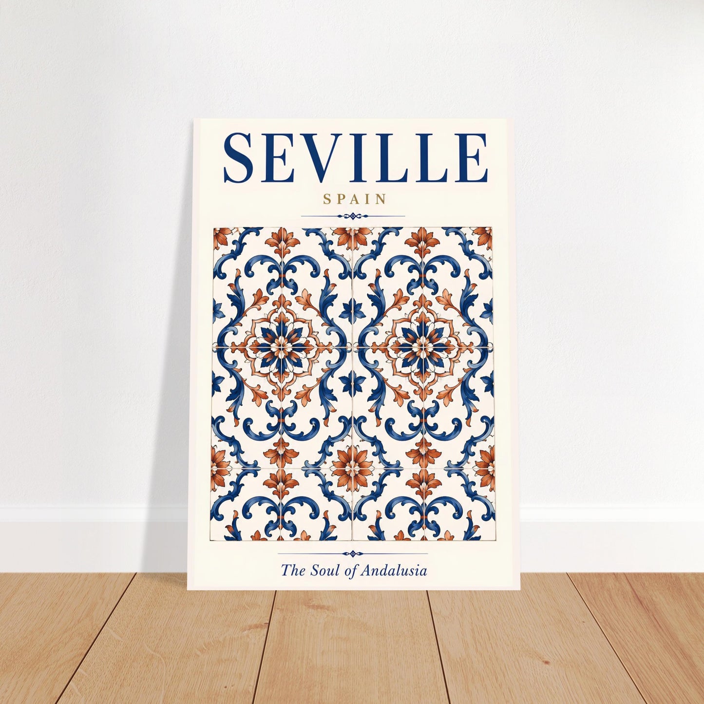 Seville travel poster featuring a decorative Spanish tile pattern displayed against a light wall and wooden floor.