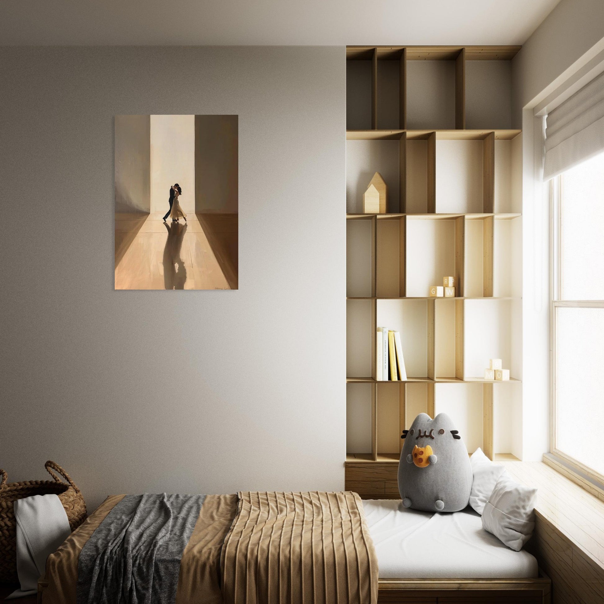 Modern bedroom with wooden shelves, a bed with a gray pillow, and a wall painting.